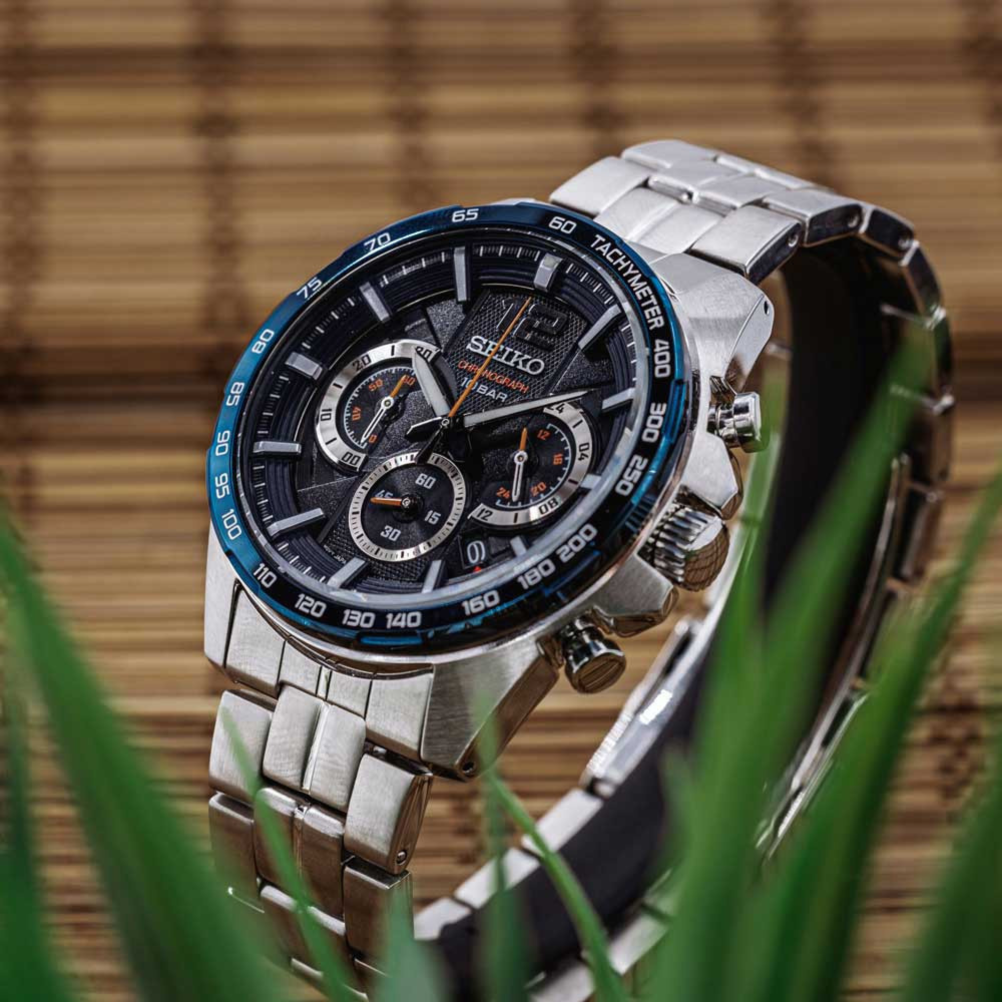 Seiko SSB345P1 blue dial chronograph watch angled view on natural background
