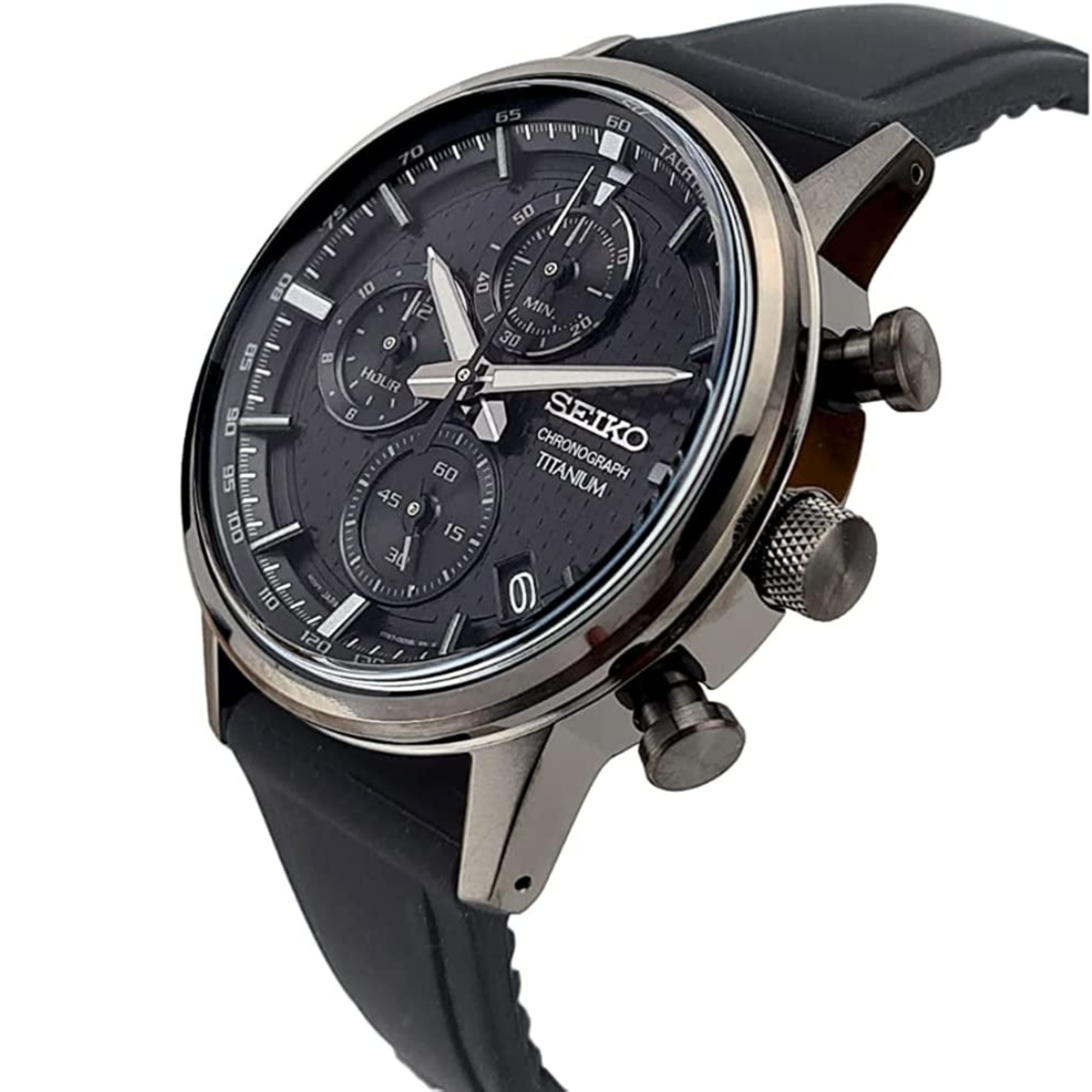 Seiko watch with black dial and black strap on a white background