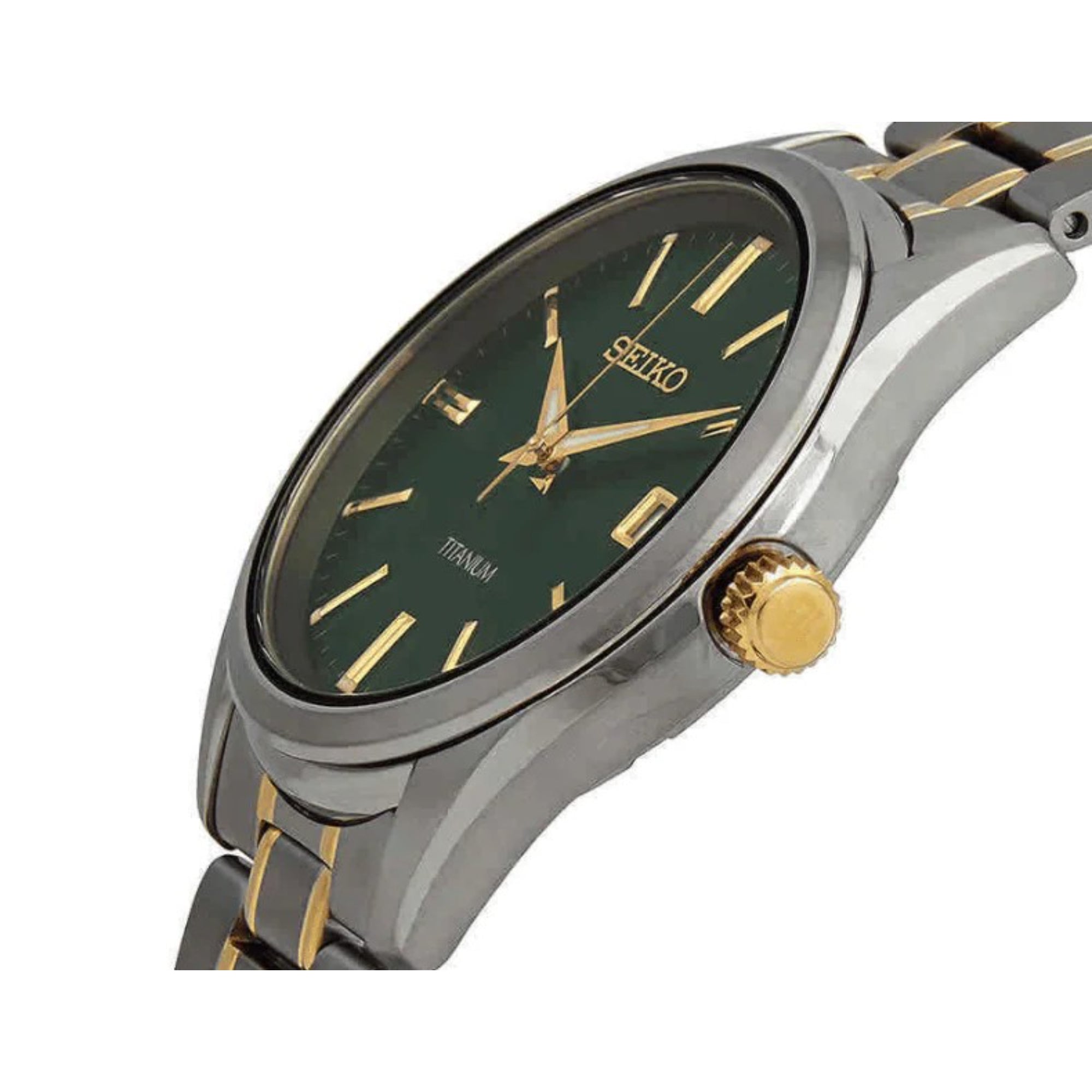 Seiko Essentials 40mm Grünes Zifferblatt Zwei-Ton Titan Herren Quarz Uhr SUR377P1