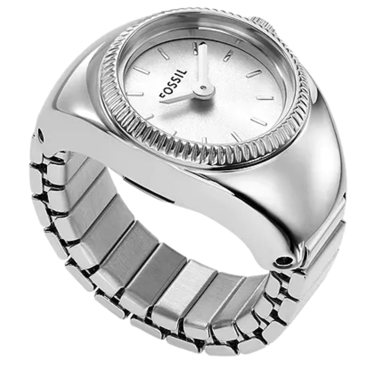 Silver-tone ring watch face with white dial and ridged bezel