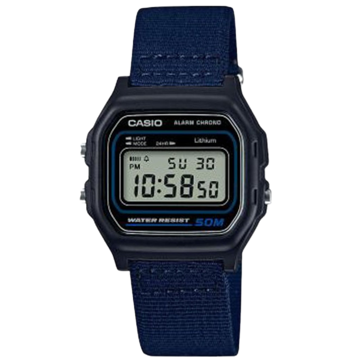 Casio digital watch with dark blue fabric strap, black case, rectangular display and buttons