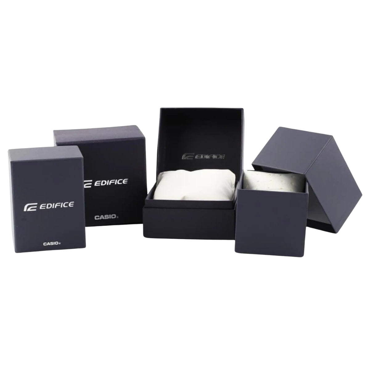 Watch gift set with dark boxes and white pouch in open packaging