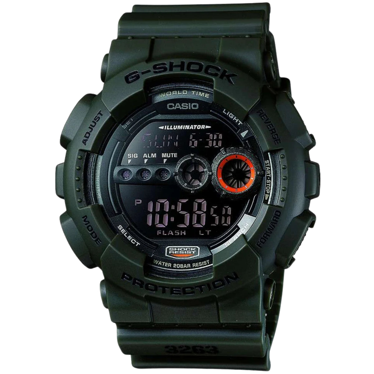 Men's Casio G-Shock chronograph watch with green strap and digital display