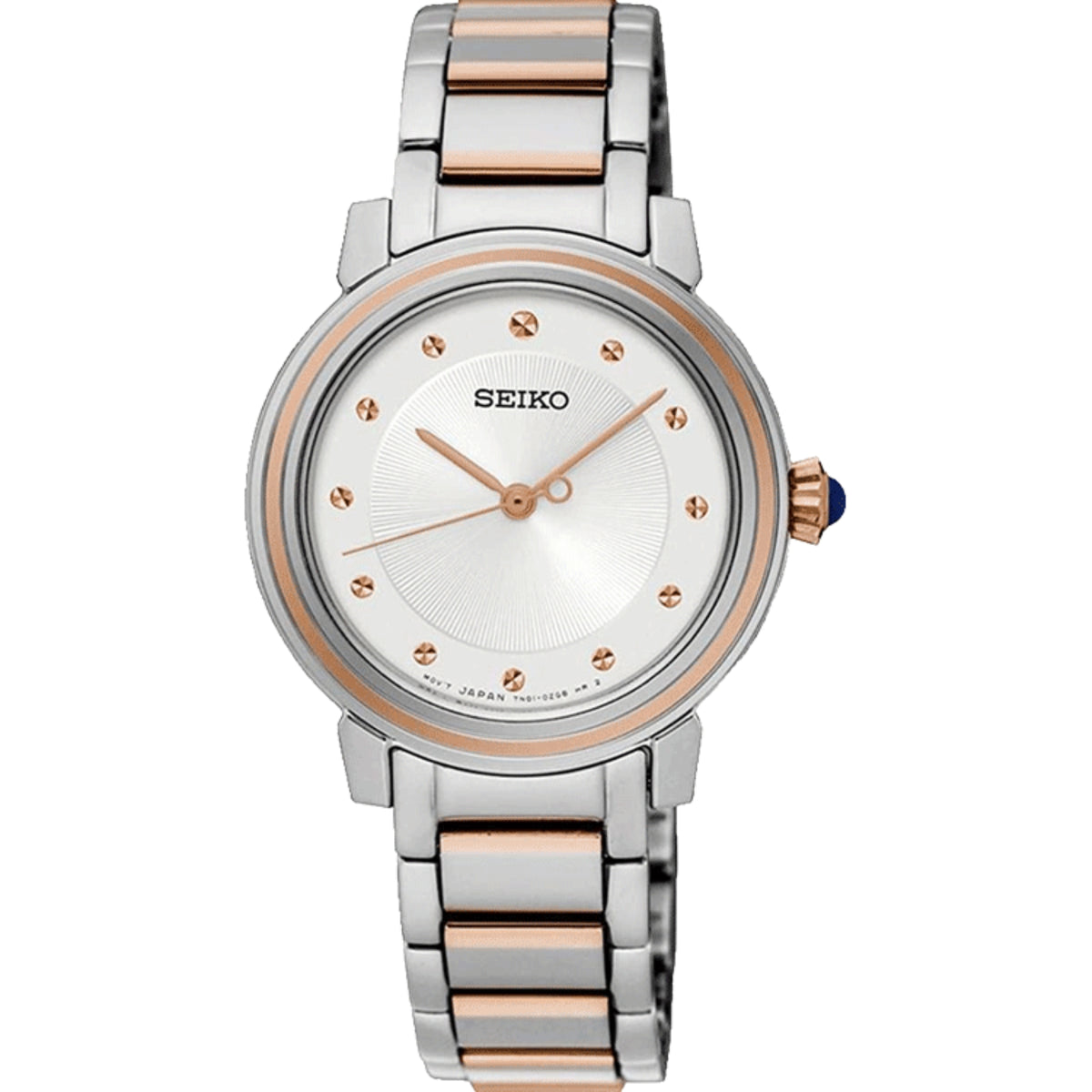 Women’s analog wristwatch with white dial, gold hour markers, and stainless steel link band