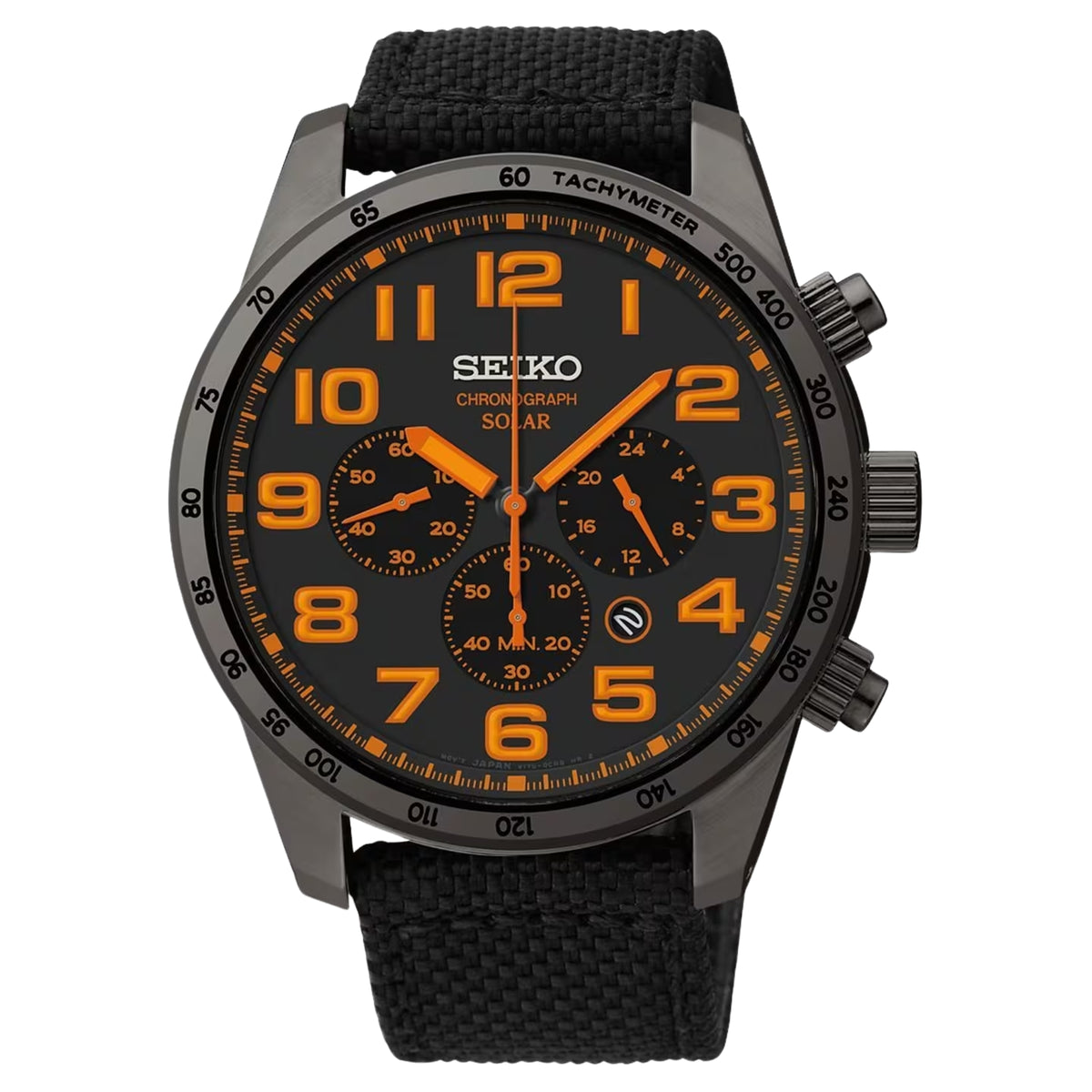 Men's sport solar chronograph wristwatch with black bezel and orange dial markers