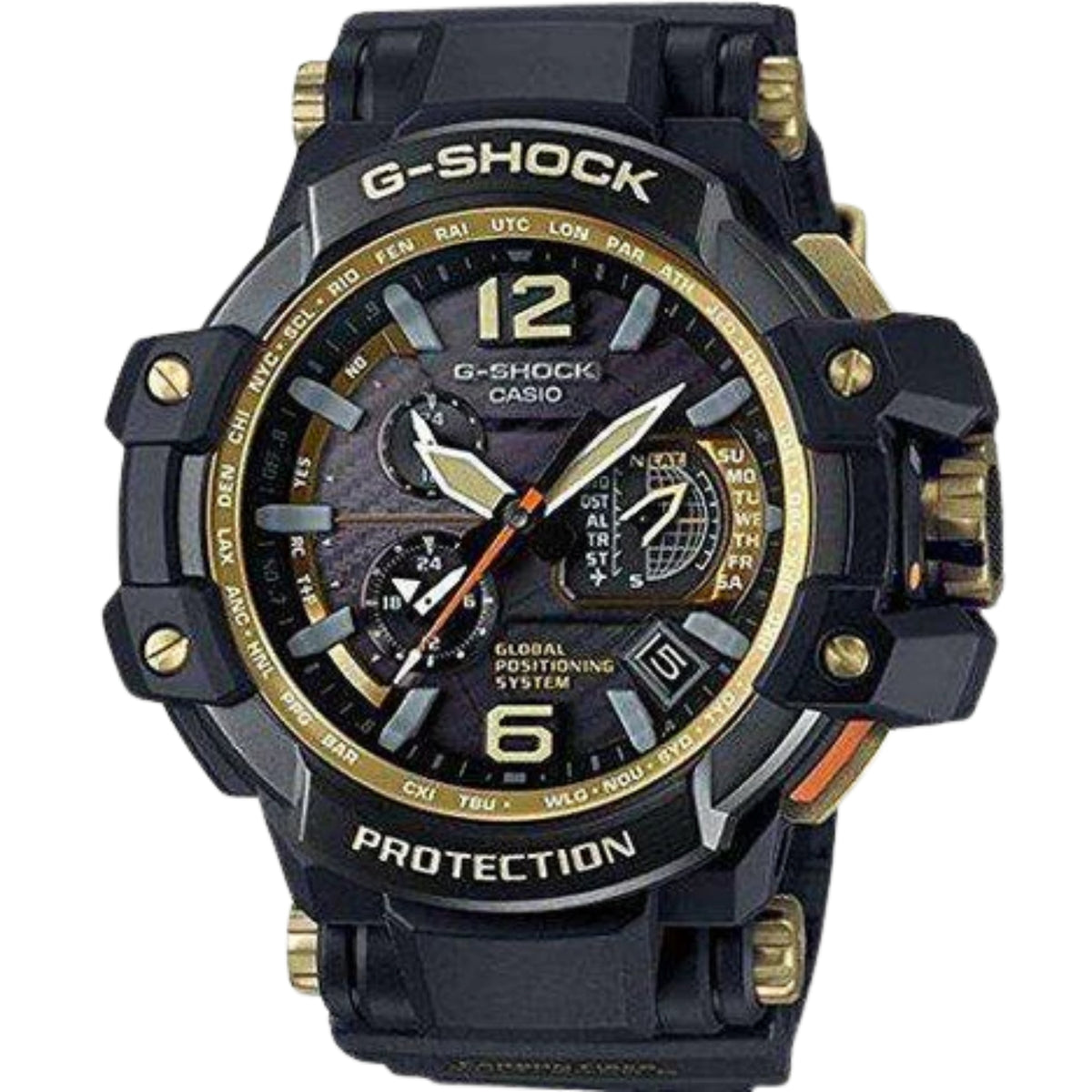 Men's G-Shock Gravitymaster GPS watch with dark rubber strap, gold bezel, multicolor dial