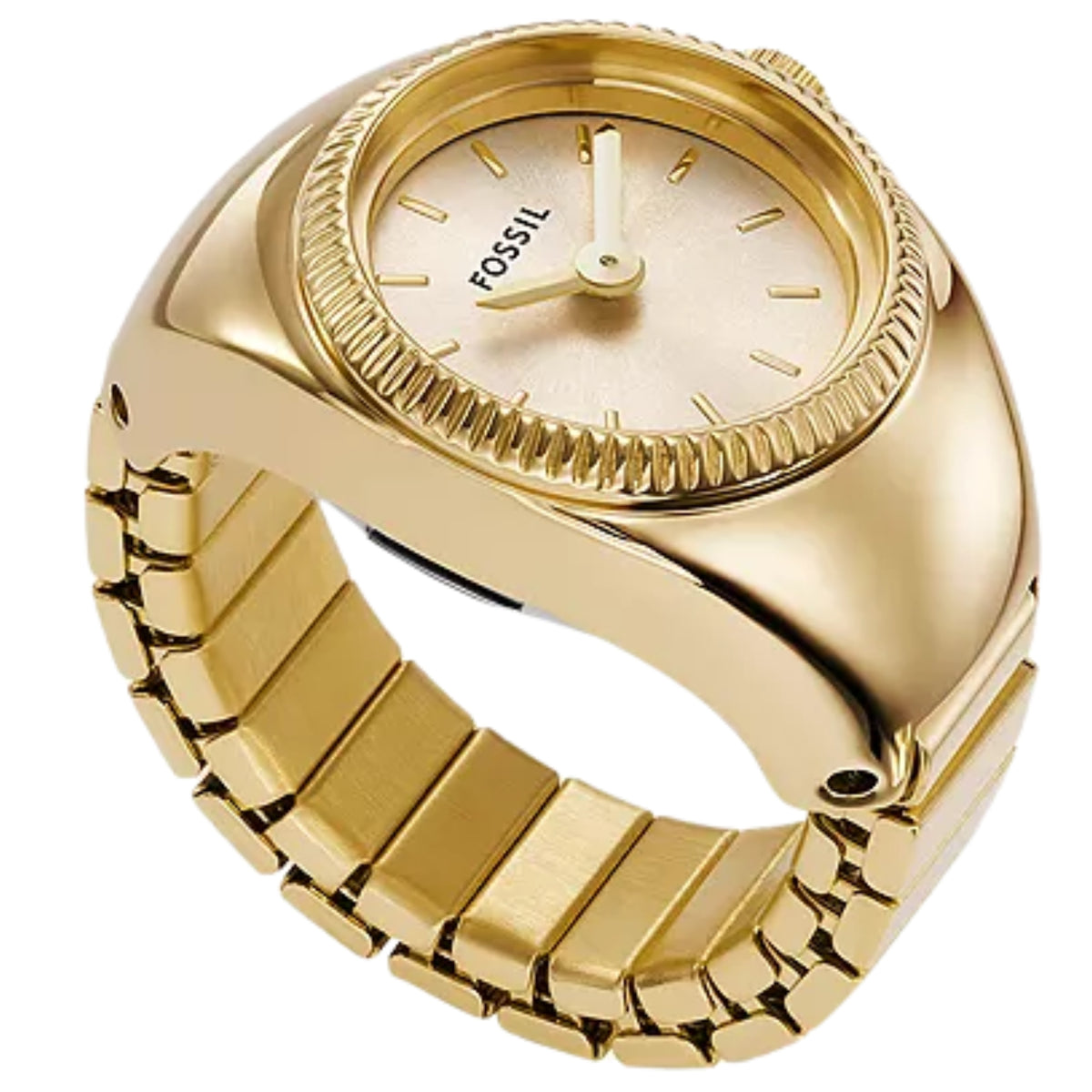 Gold-tone steel quartz ring watch close-up, cream dial and link band details