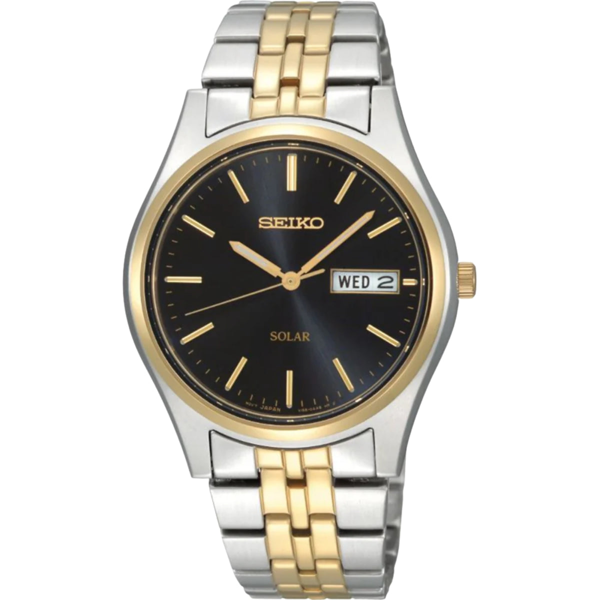 Men's Seiko solar watch with two-tone steel, black dial, gold hands, and Wed 2 date window