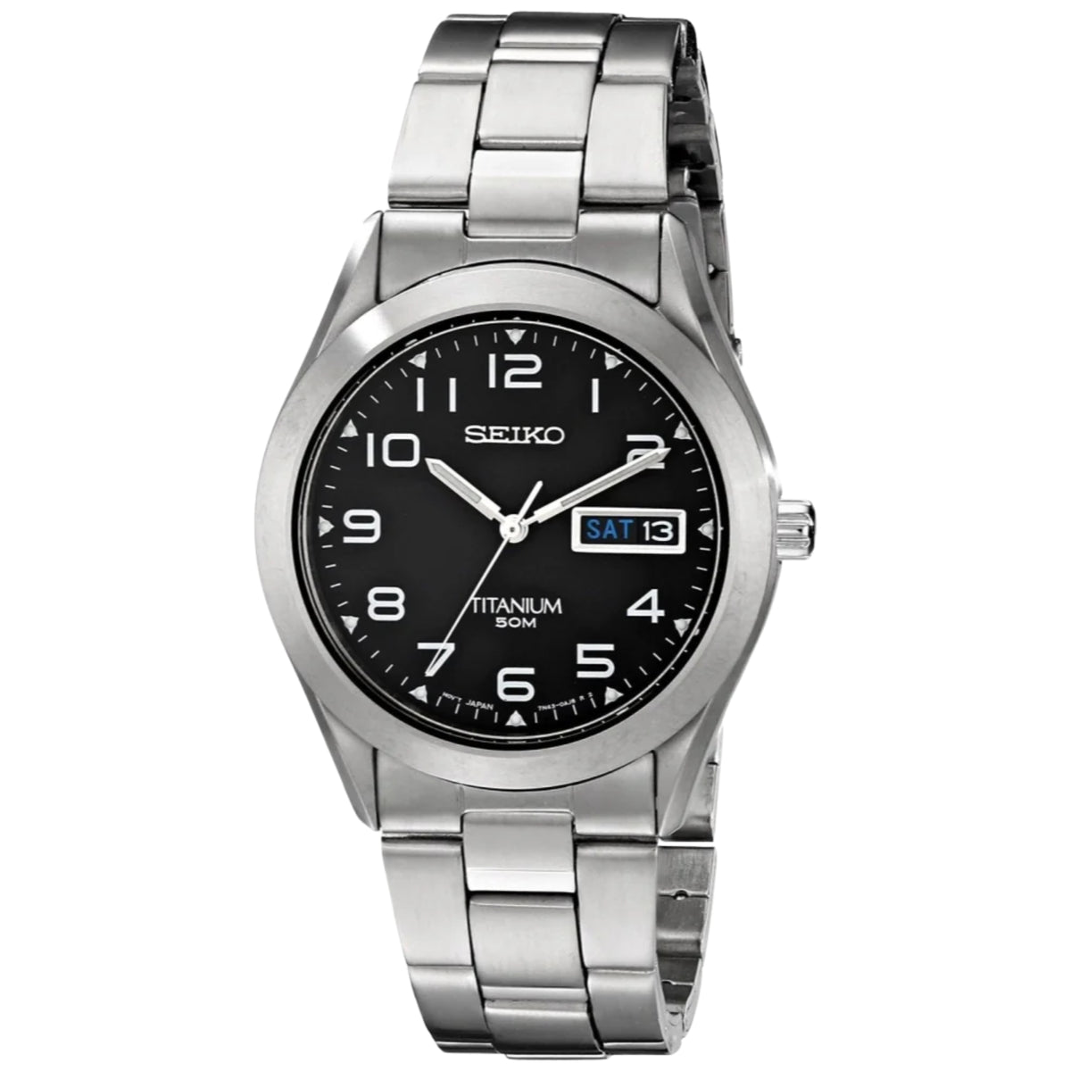 Seiko men's titanium quartz watch with black dial, date window, and metal bracelet