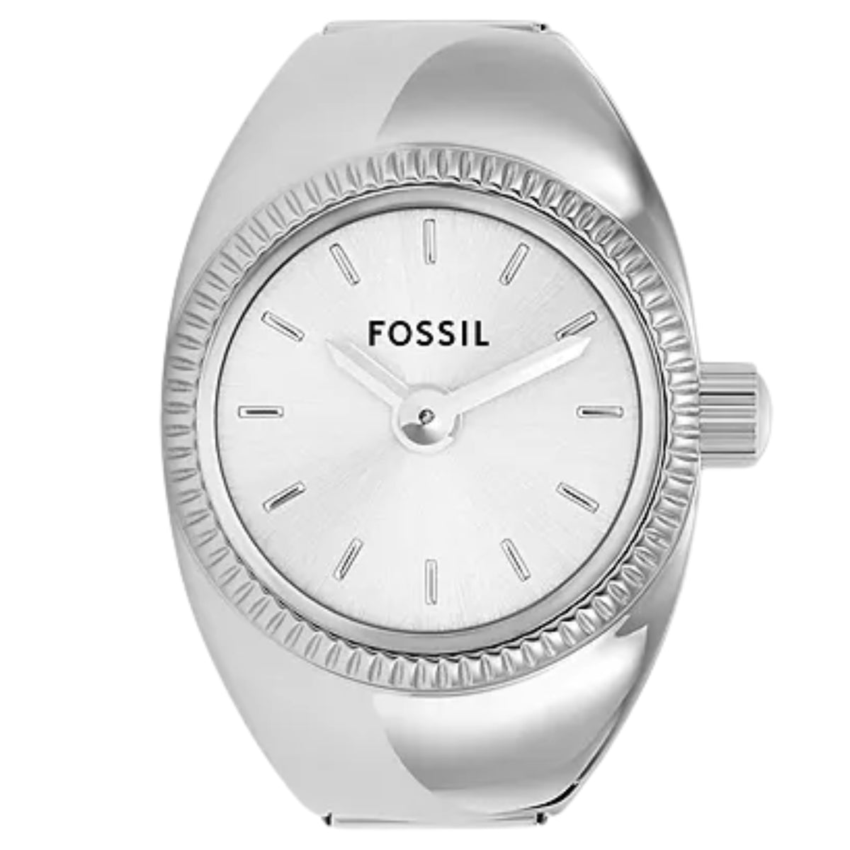 Silver-tone ring watch with white dial, Fossil logo, and crown