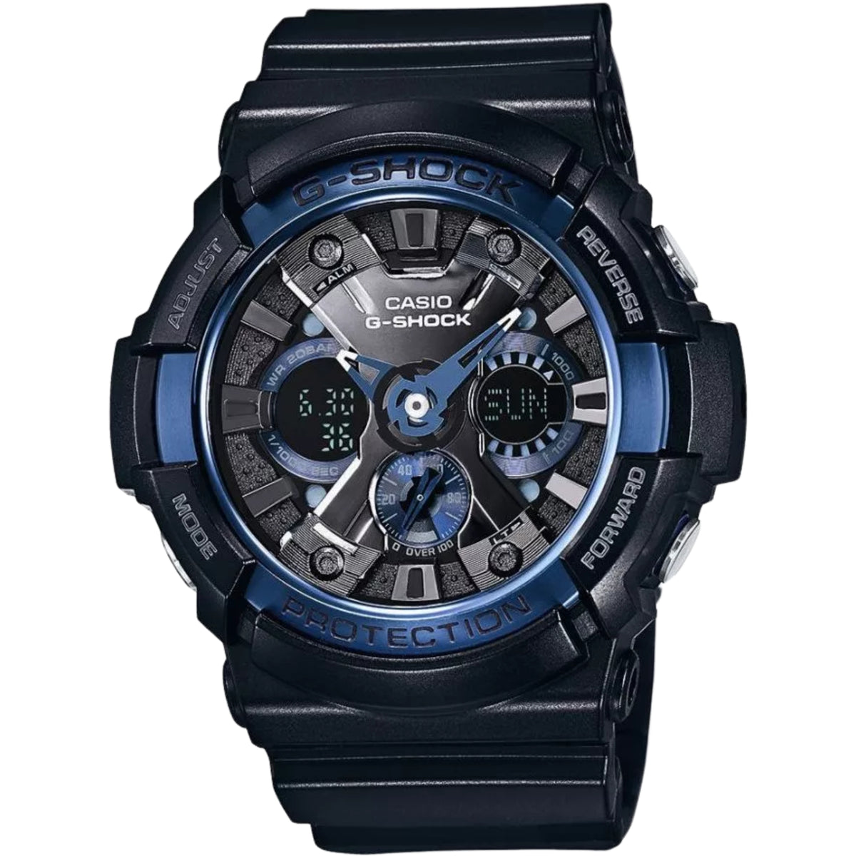 Casio G-Shock men’s sports watch with blue dial, chunky black bezel and resin strap
