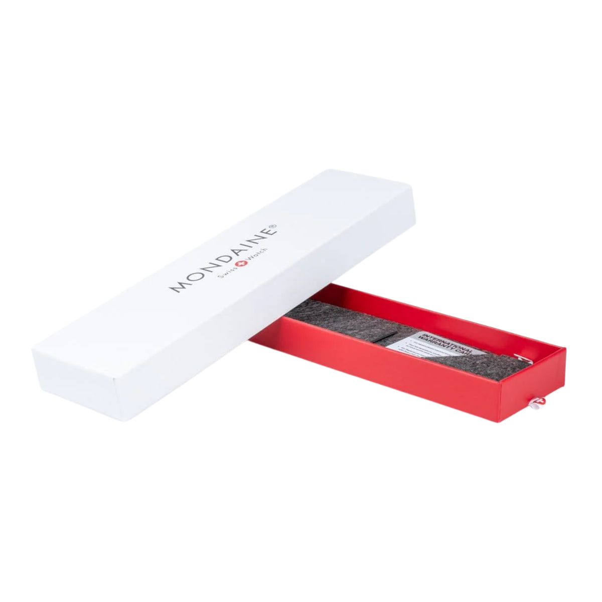 Official red and white presentation box packaging for Mondaine Evo2 MSE.40210.SM watch