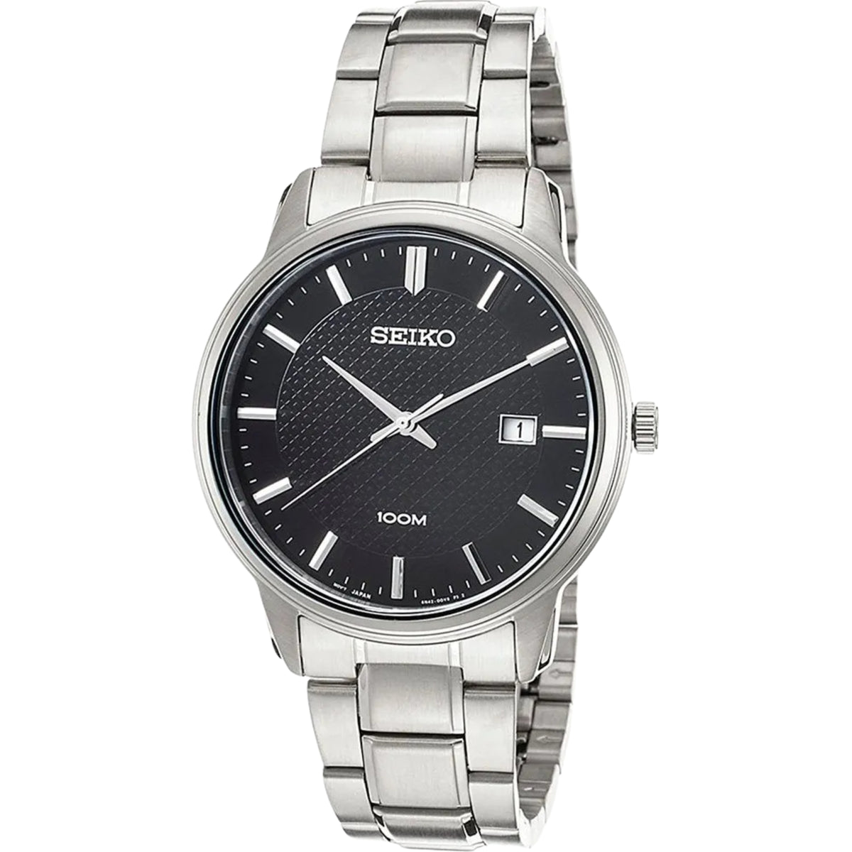 Seiko men's dress watch with black patterned dial and stainless steel bracelet