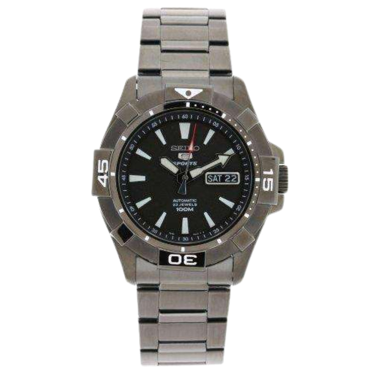 Men's automatic stainless steel watch with black dial, date window, and metal bracelet