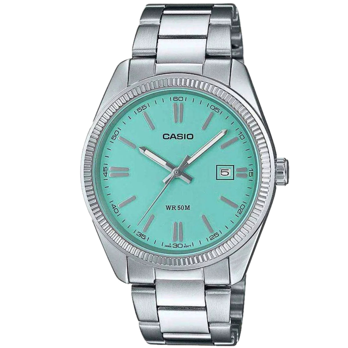 Casio quartz bracelet watch, stainless steel case and bracelet, turquoise dial, WR50M