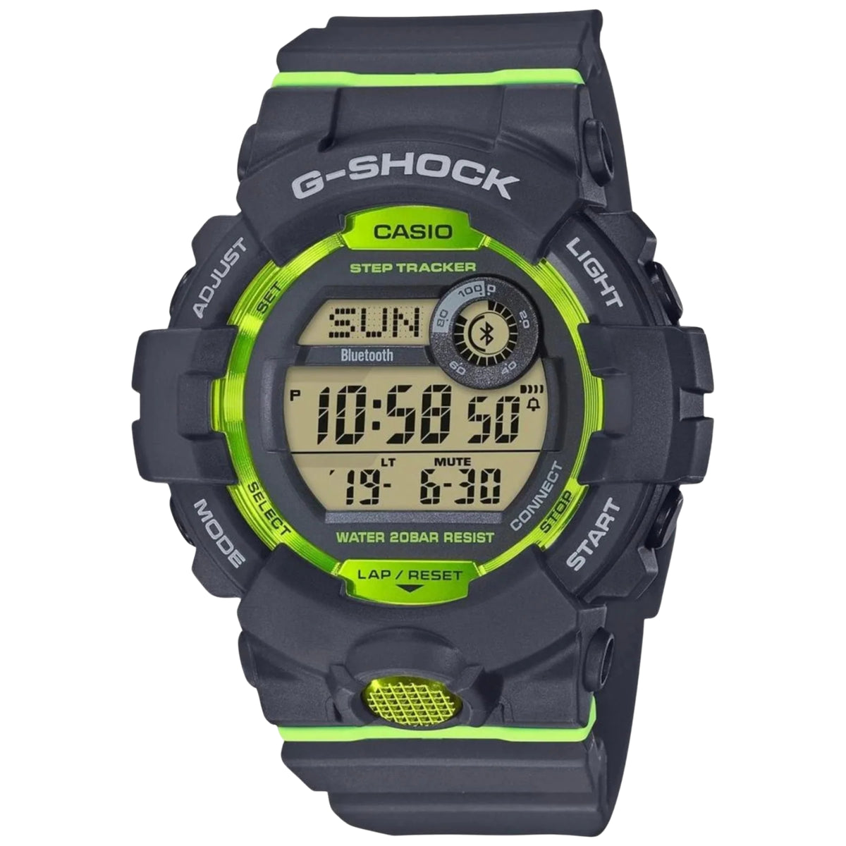 Front view of the Casio G-Shock G-Squad GBD-800-8ER digital men's watch showing its grey resin bezel and lime green accents