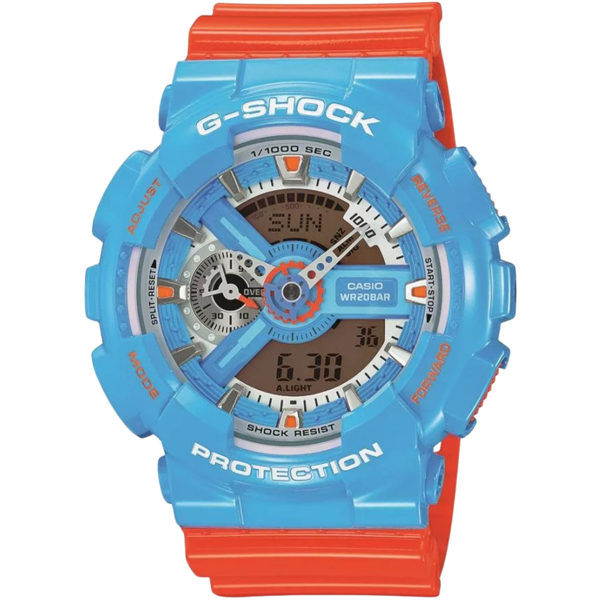 G-Shock chronograph watch, blue case and strap, orange bezel, multiple sub-dials