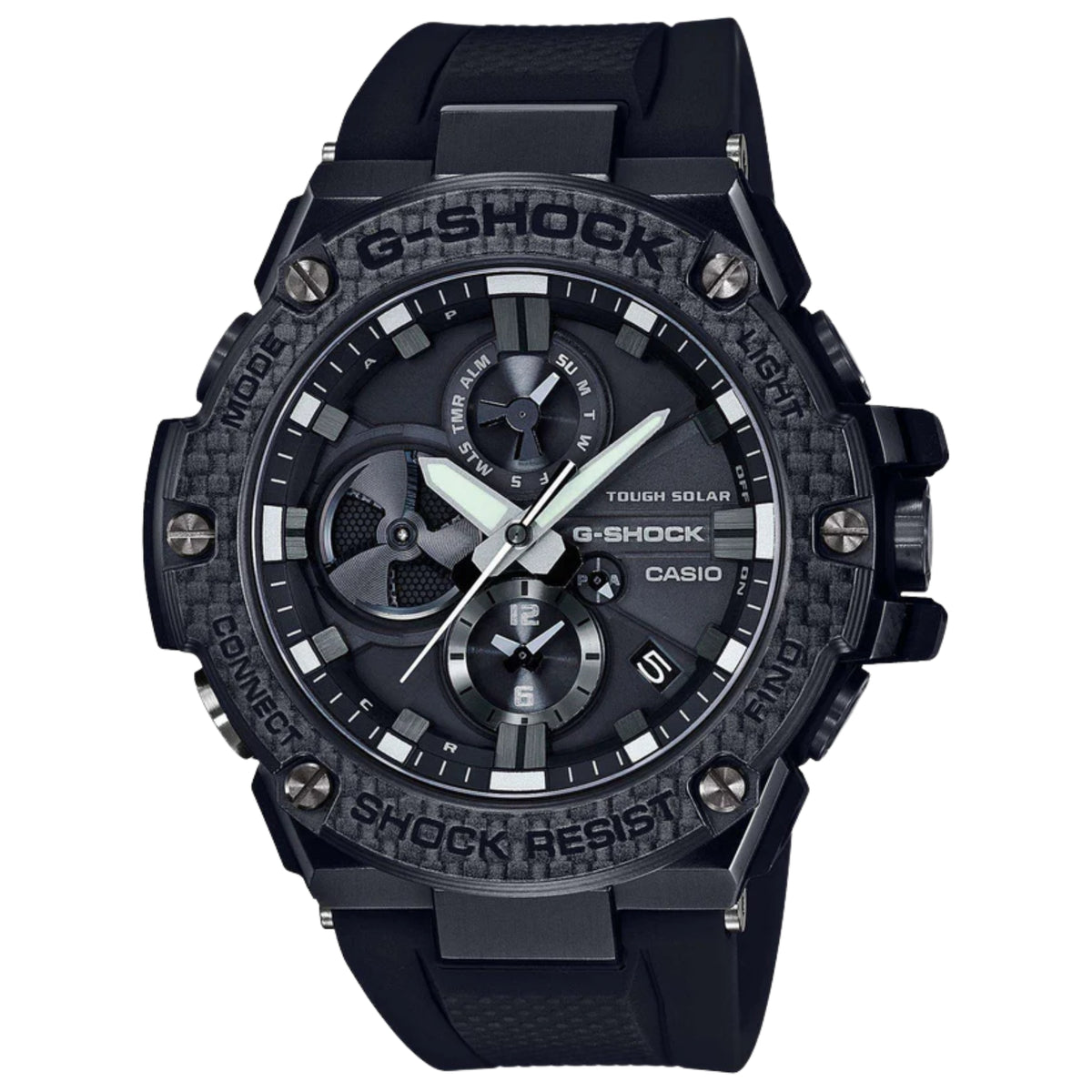 Casio G-Shock men's smart watch with black strap and rugged multi-dial face