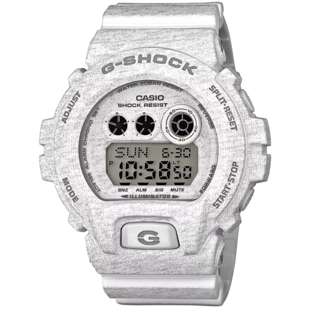 Casio G-Shock resin wristwatch with white band, digital display and stopwatch details