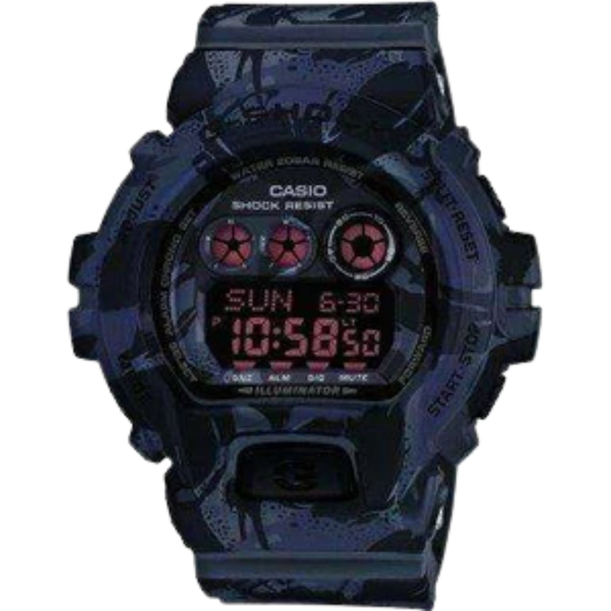 Casio G-Shock digital wristwatch with dark blue camo strap and red display accents