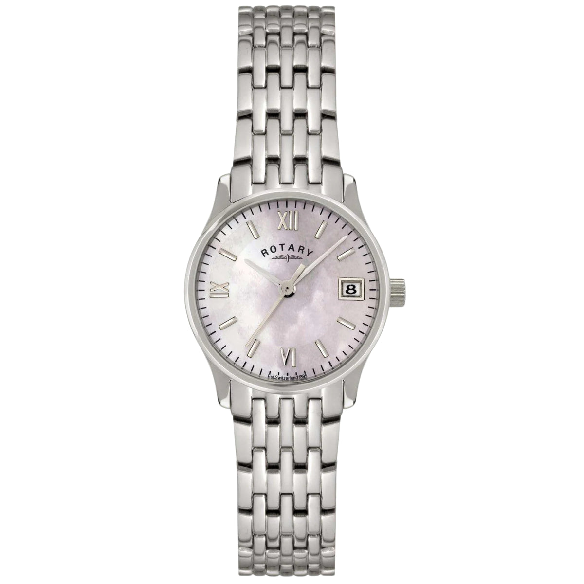 Silver-tone stainless steel ladies wristwatch with mother-of-pearl dial and Roman numeral hour marks