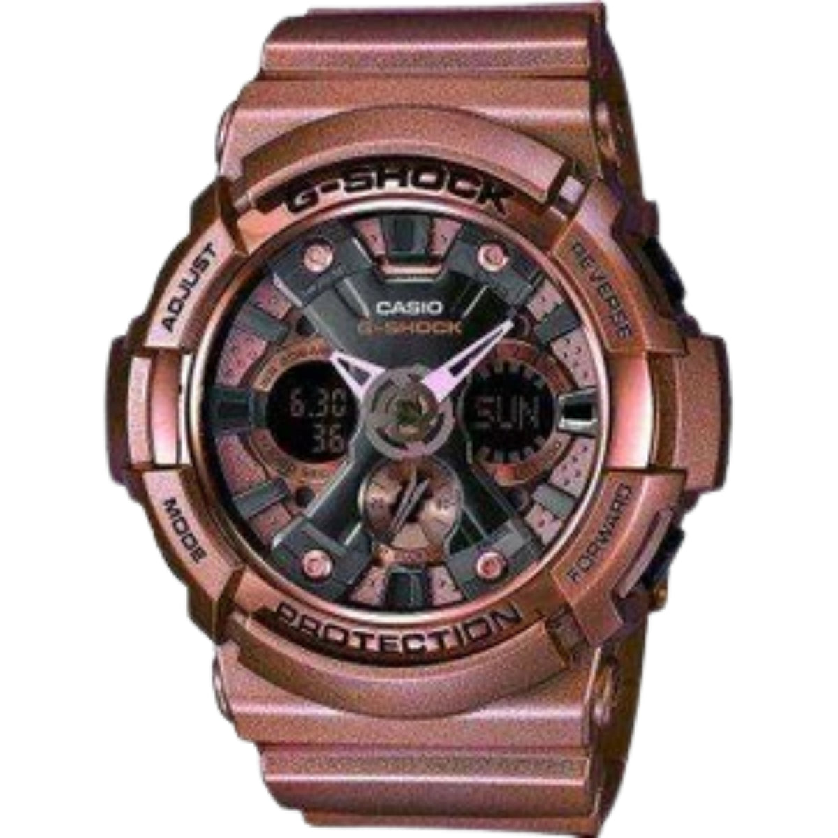Men's G-Shock world time wristwatch with brown resin strap and dark camouflage dial