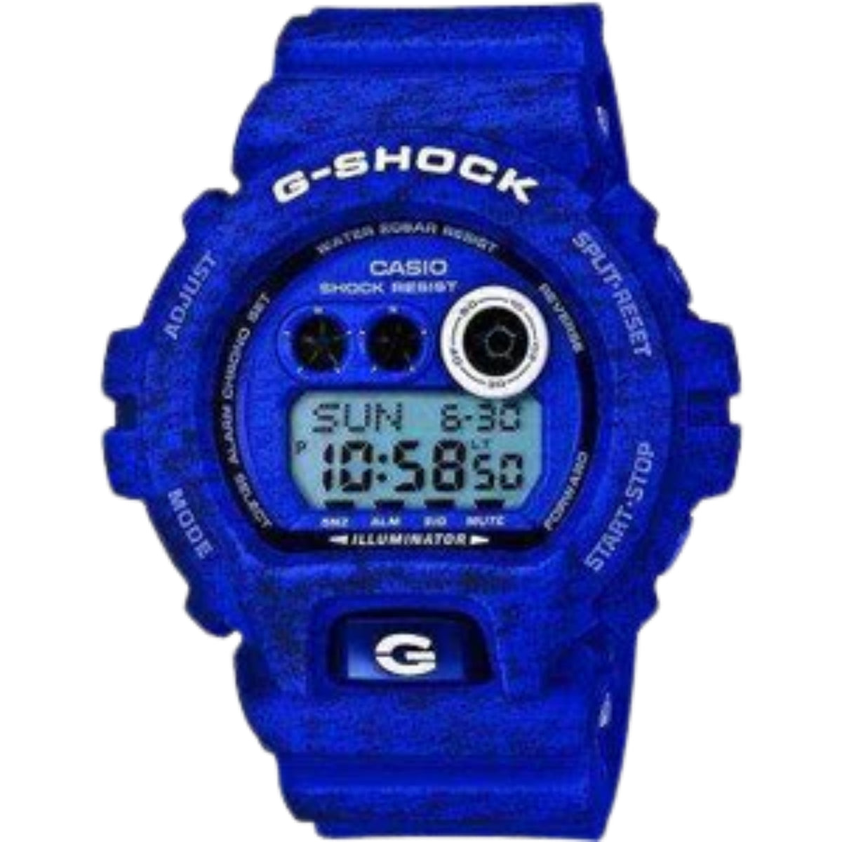 Casio G-Shock blue resin digital wristwatch with blue bezel and three subdials