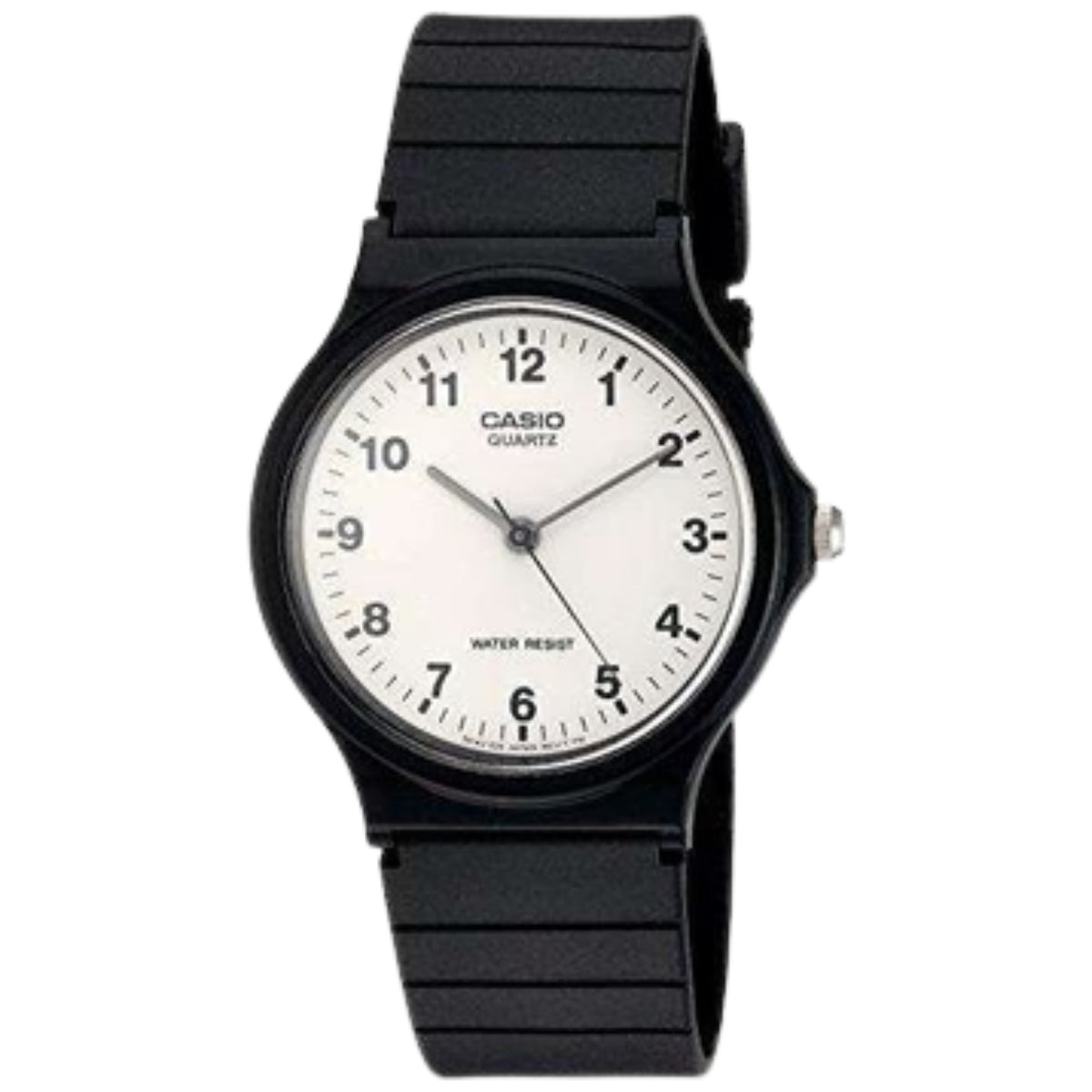 Casio men’s quartz watch with white dial and black resin strap, round analog face