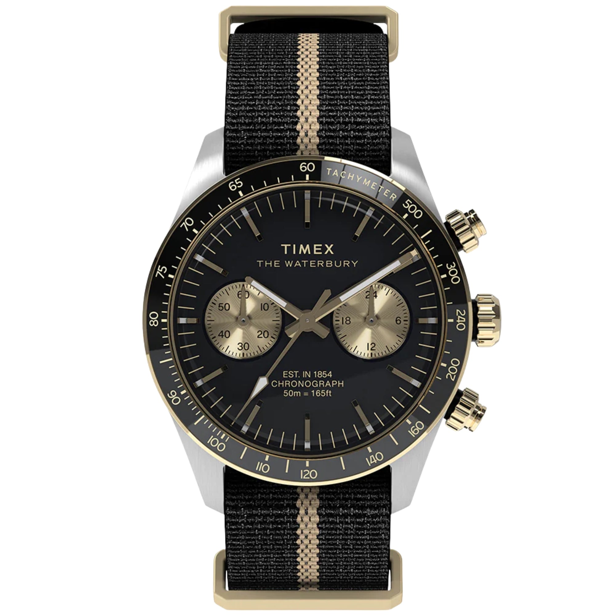 Timex Waterbury 39mm Chronograph Schwarzes Zifferblatt Stoff Herren Quarz Uhr TW2Y35400
