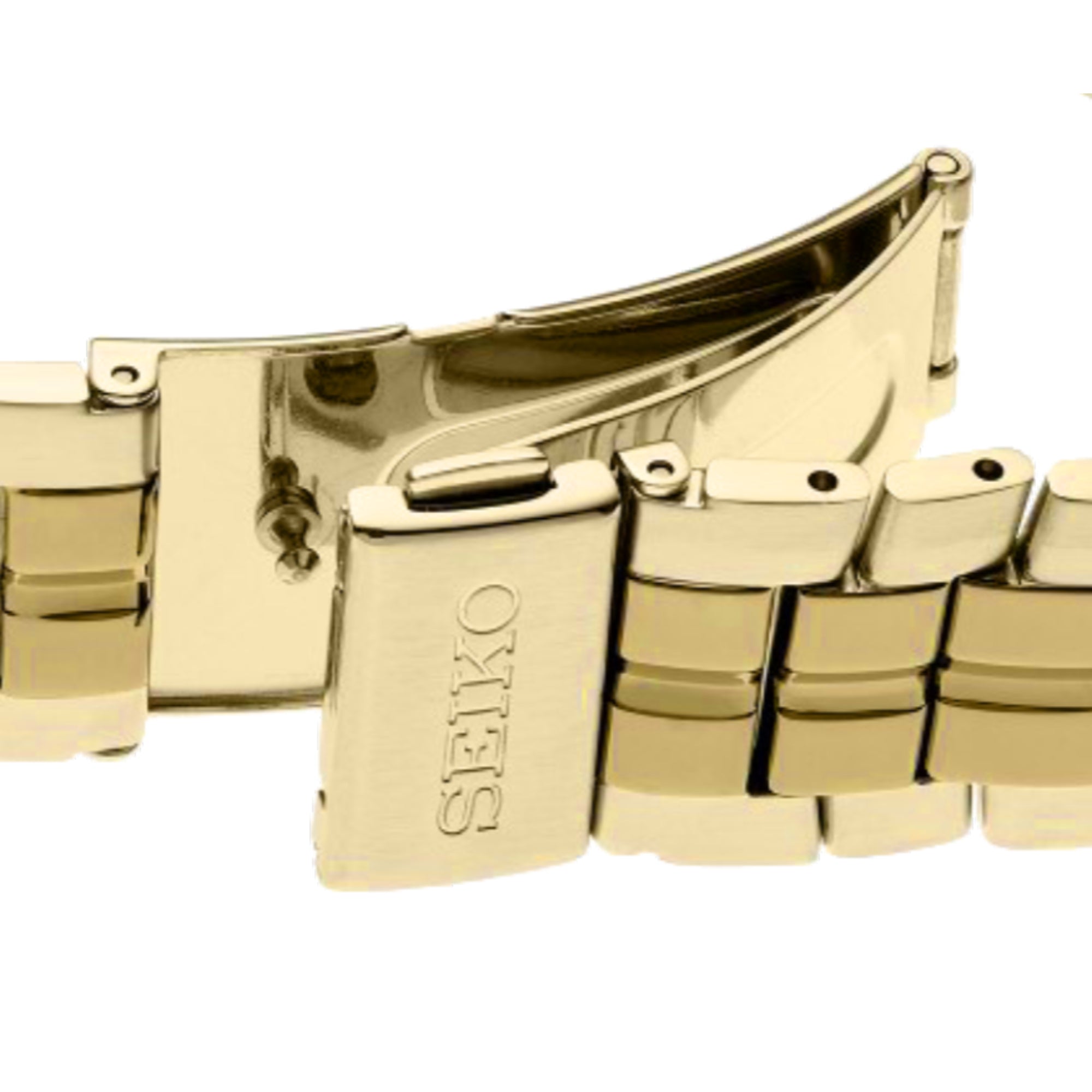 Gold watch bracelet with Seiko logo on a white background