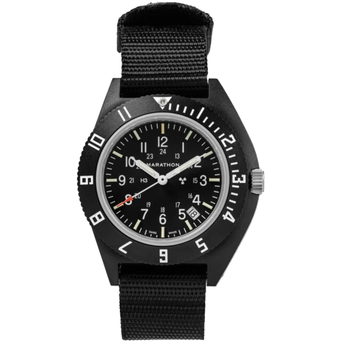 Marathon Navigator WW194013BK-0101 mens quartz watch showing black dial and black ballistic nylon strap on white background
