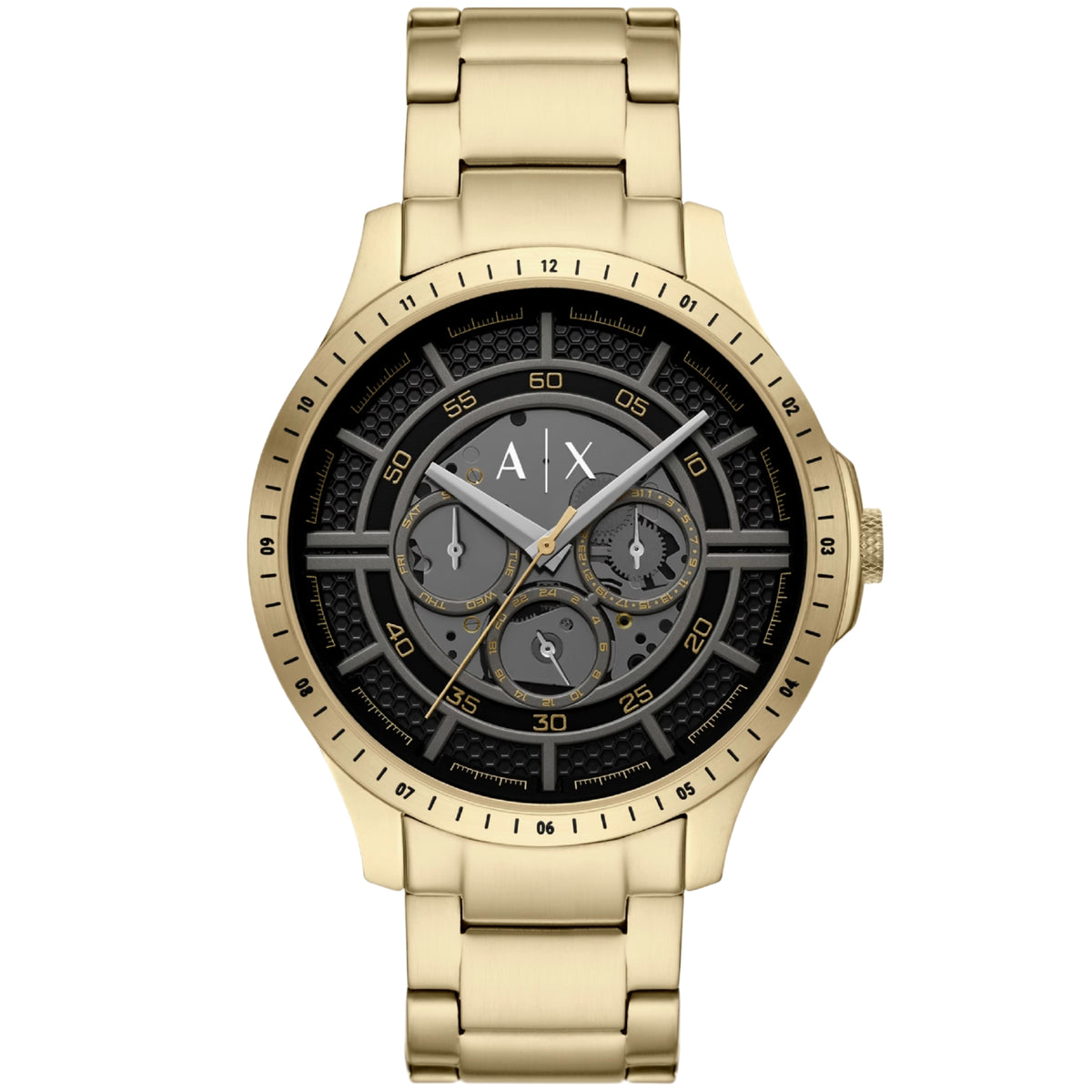 Armani Exchange Hampton 46mm Multifunction Black Dial Yellow Gold-Tone Steel Mens Quartz Watch AX2461