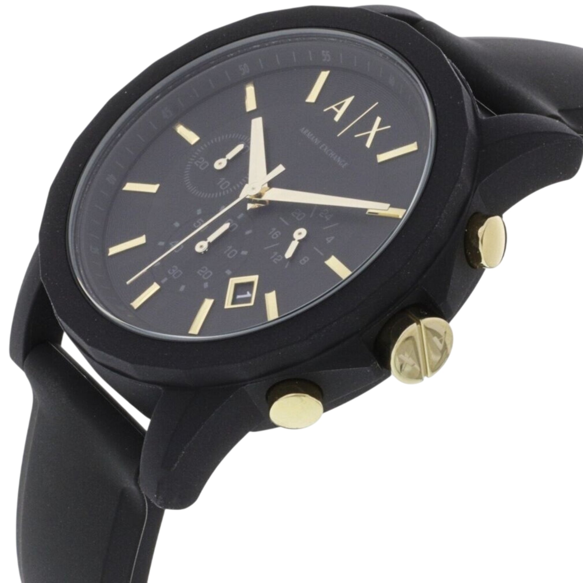 Armani Exchange black chronograph watch with gold accents on dark dial and black rubber strap