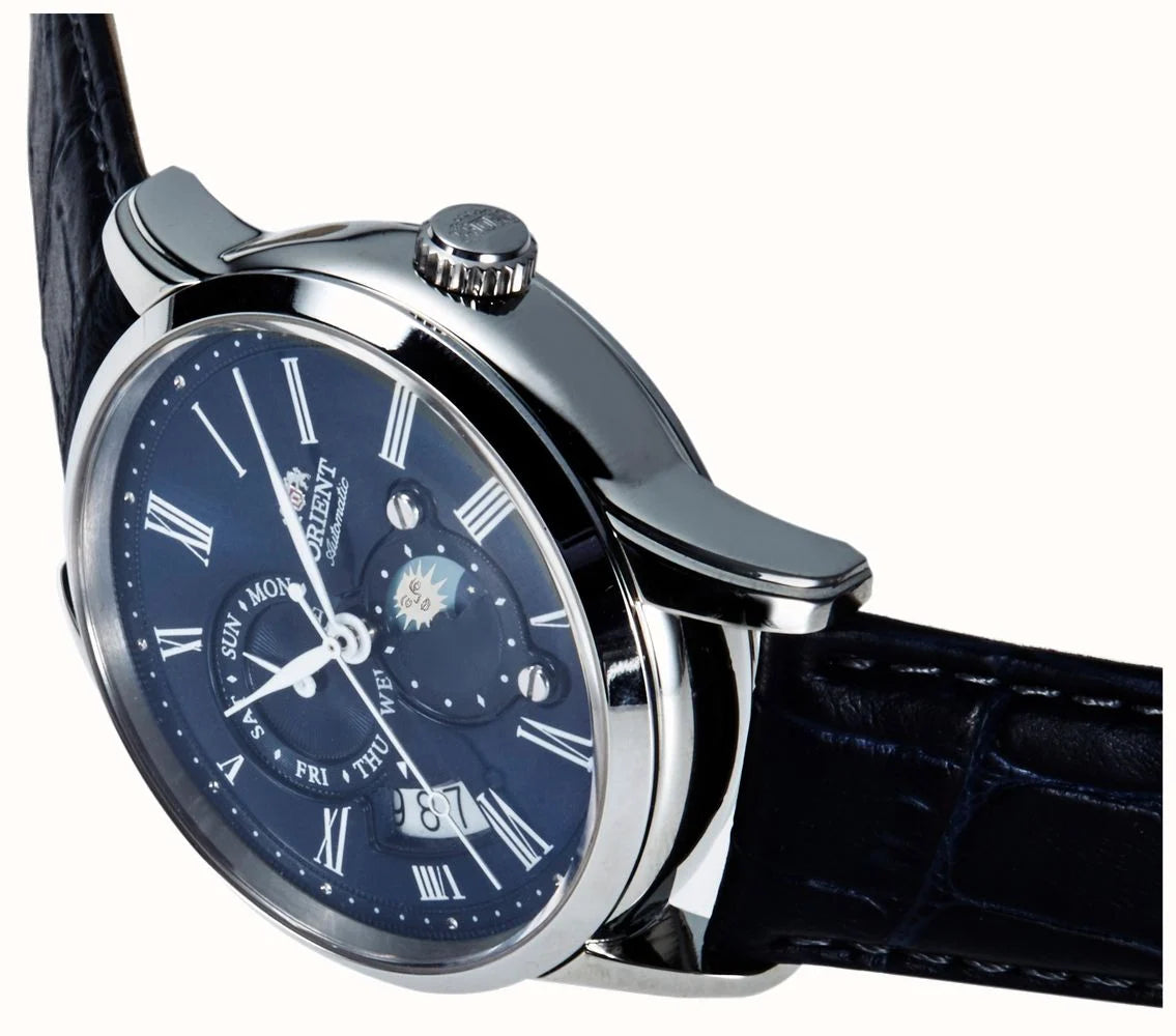 Orient Bambino 42.5mm Sun & Moon Blue Dial Leather Mens Automatic Watch RA-AK0011D10B