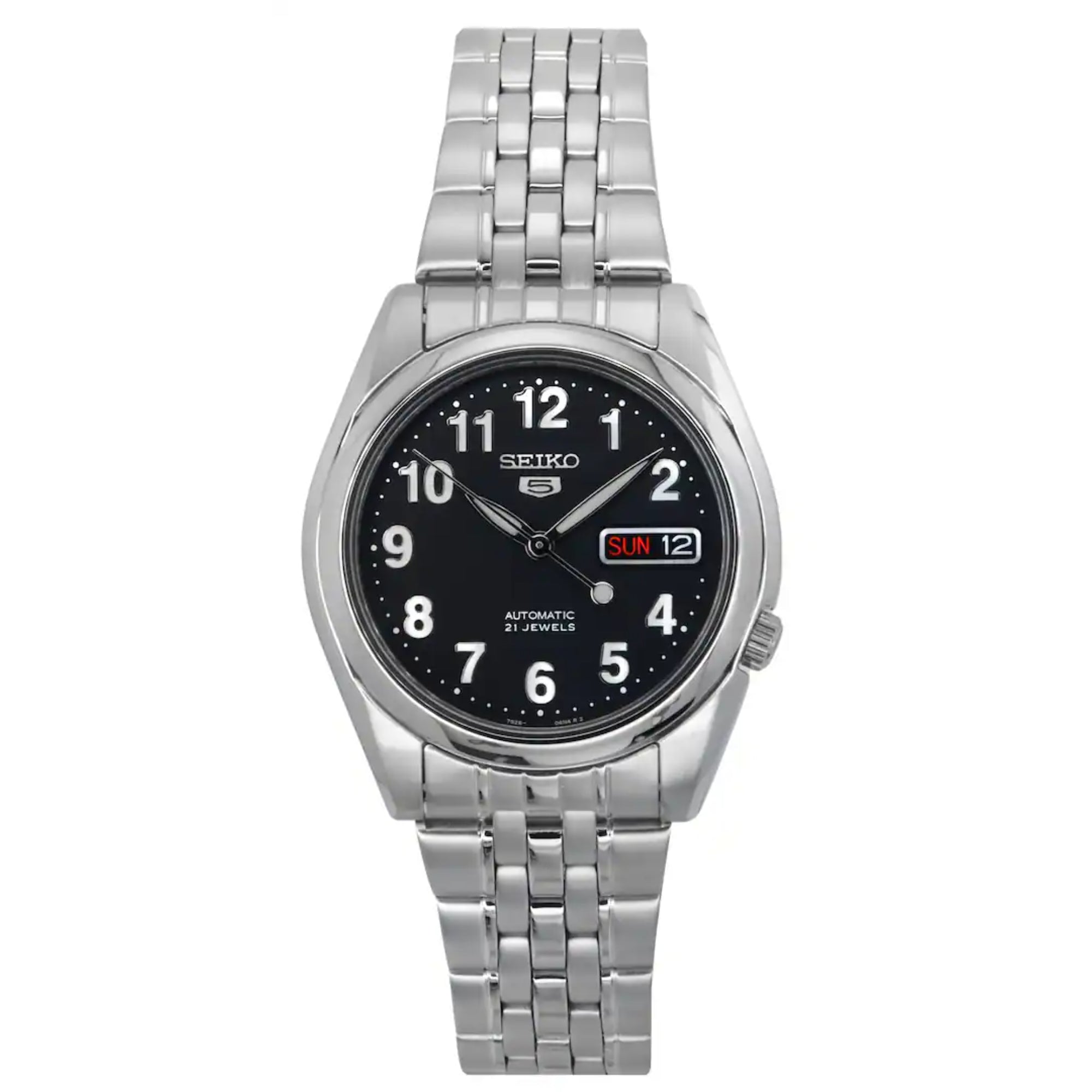 Seiko 5 Automatic Black Dial Steel Strap Men's Watch SNK381K1 front view 