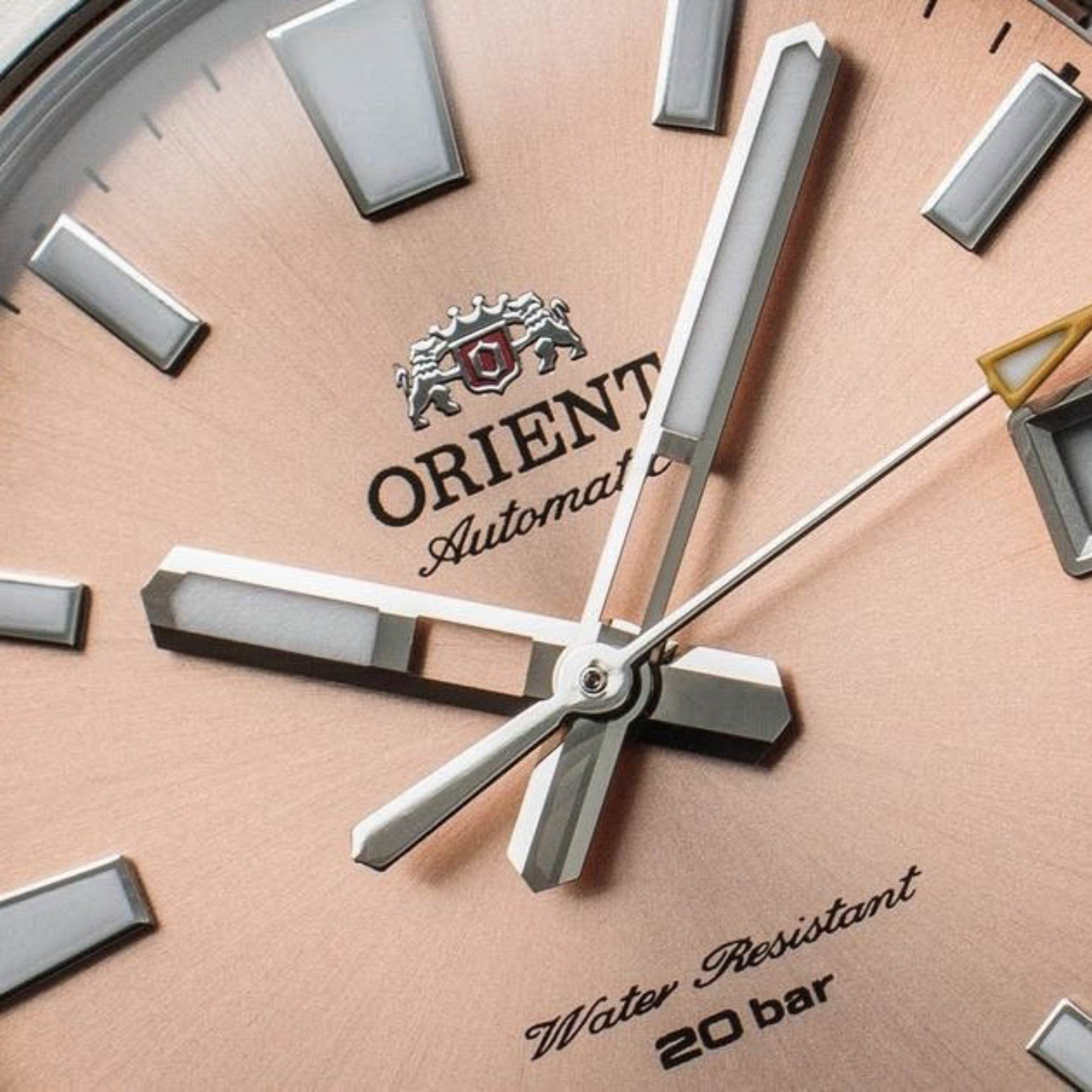 Macro close-up of an Orient Mako watch dial showcasing 