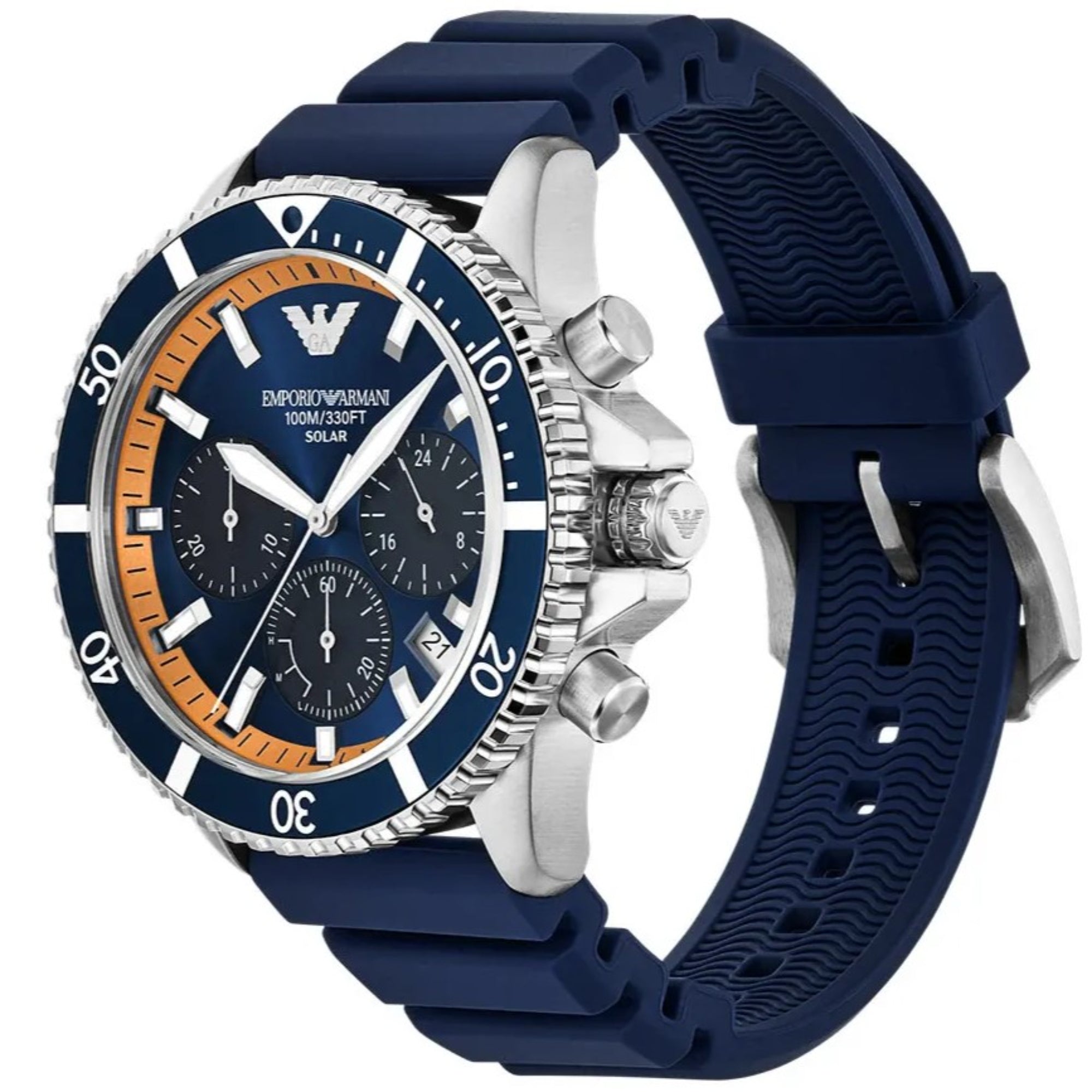 Emporio Armani World Explorer 43mm Chronograph Blue Dial Silicone Mens Solar Watch AR11696