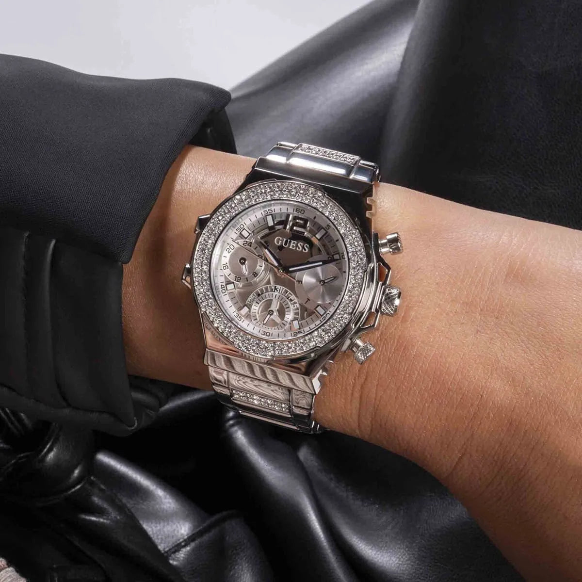 GUESS Fusion Stone Set Silver Dial Steel Strap Women's Watch GW0552L1