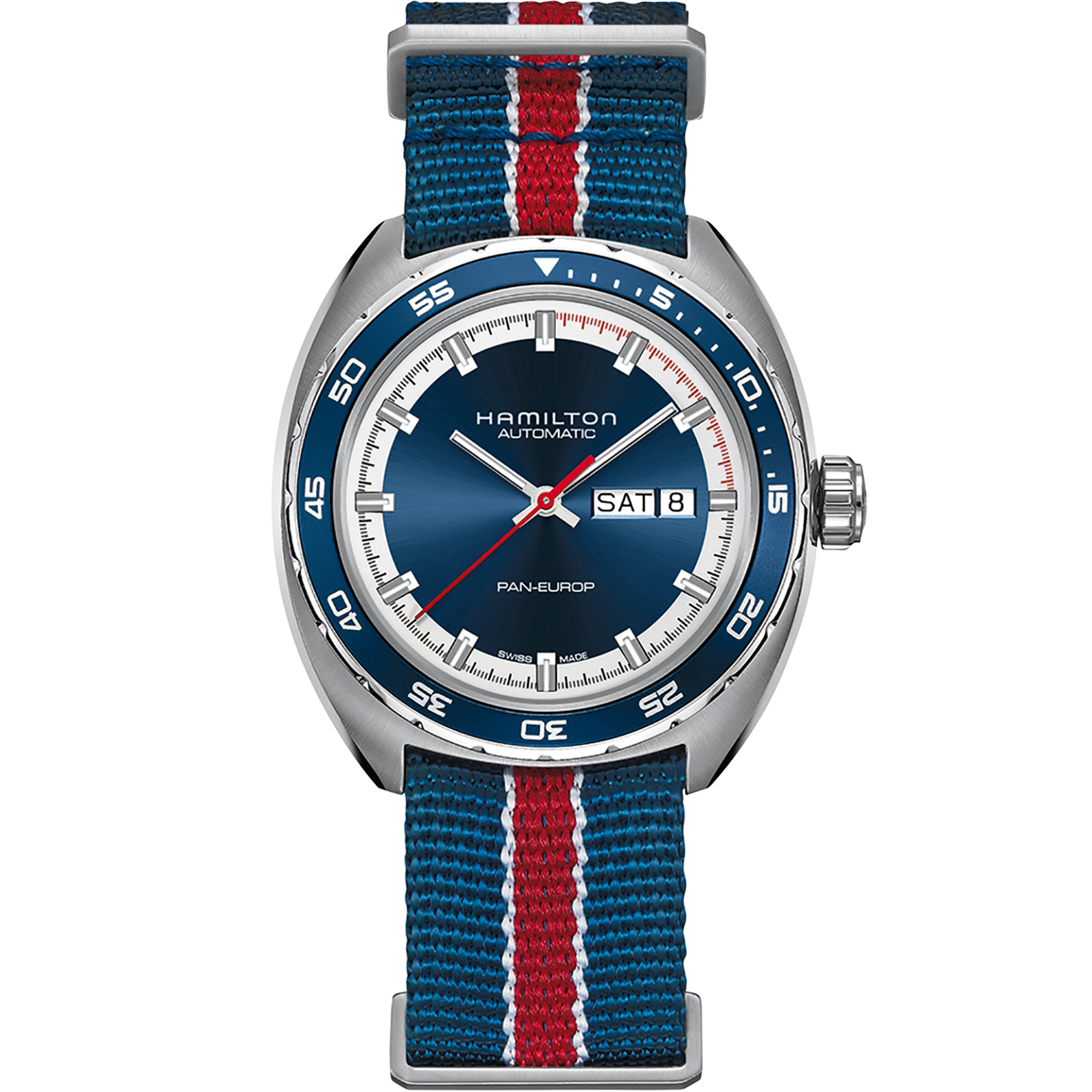 Hamilton American Classic 42mm Pan Europ Day Date blue dial automatic watch H35405741 front view