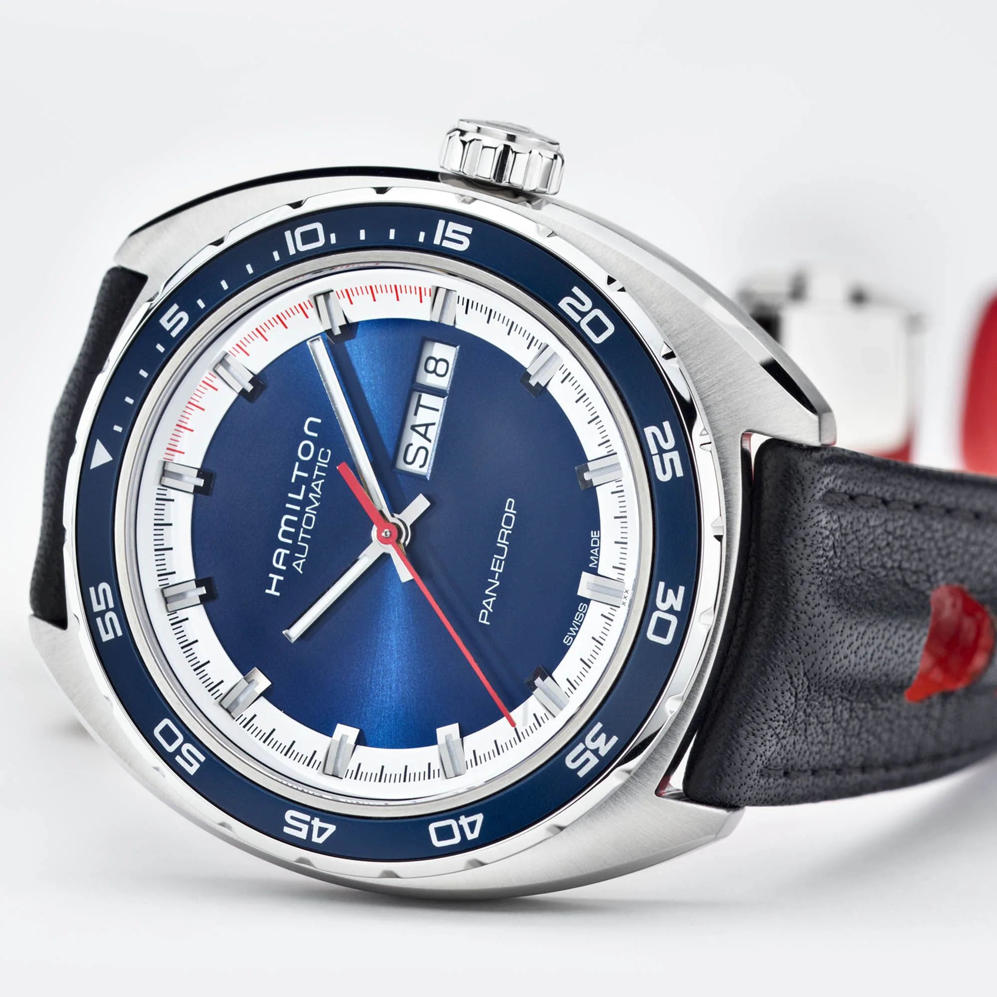 Hamilton American Classic 42mm Pan Europ Day Date blue dial automatic watch H35405741