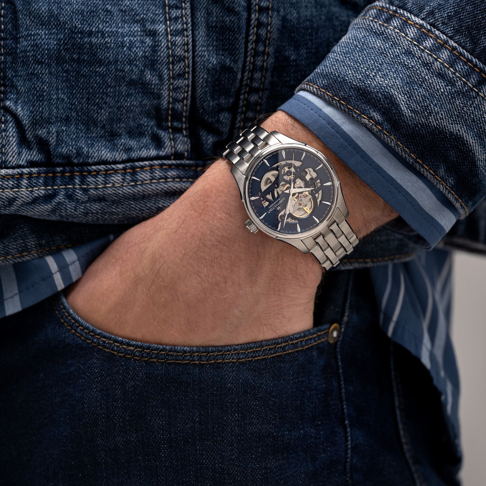 Hamilton Jazzmaster Skeleton blue dial H42535141 automatic watch on wrist
