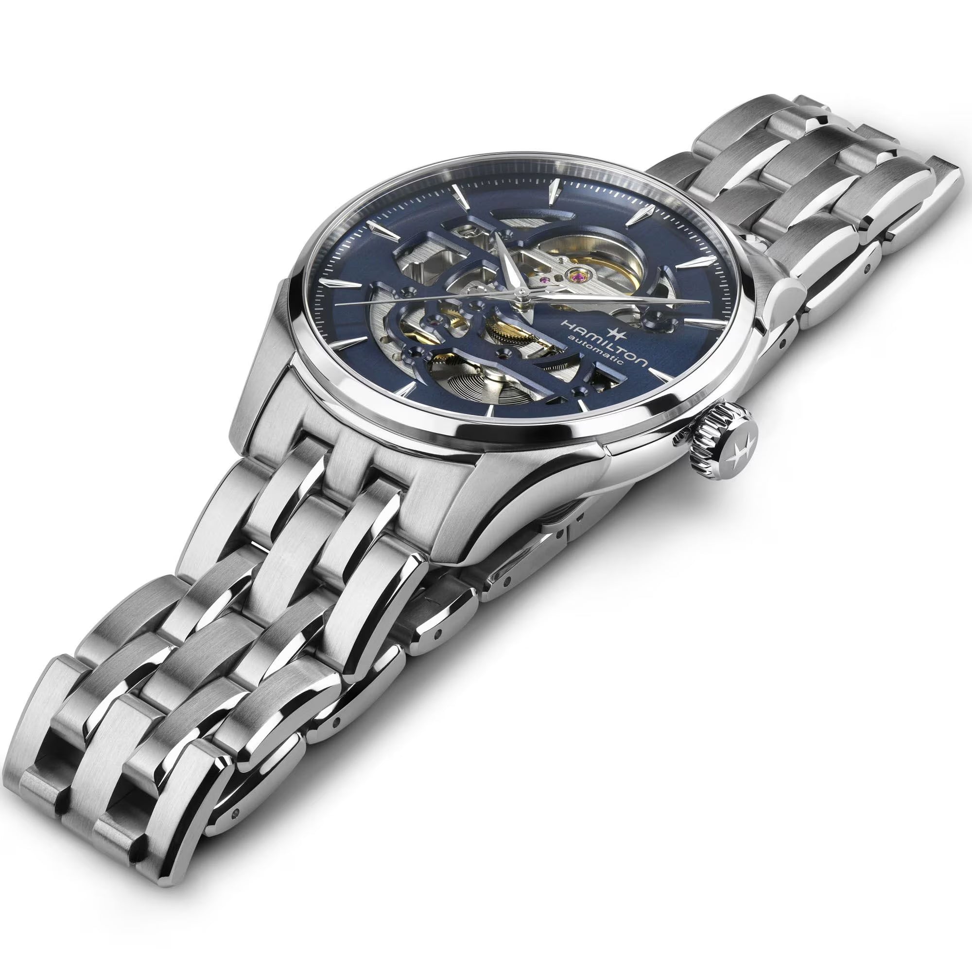 Hamilton Jazzmaster Skeleton watch with a blue cut-out dial and stainless steel bracelet