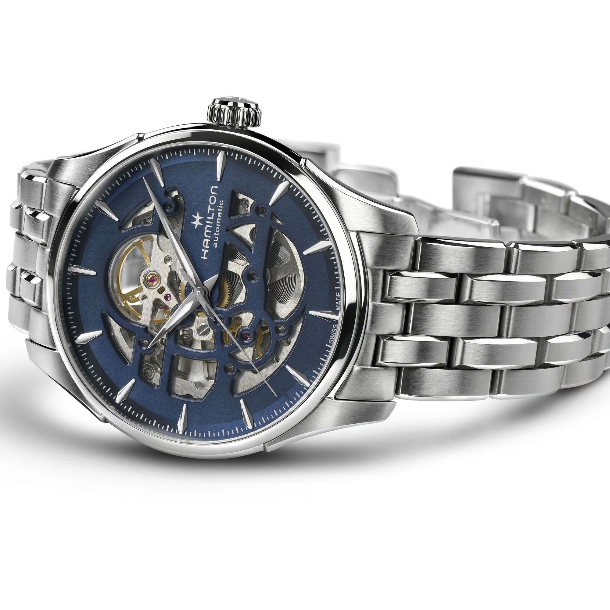 Hamilton Jazzmaster 40mm Skeleton watch with a blue cut-out dial and stainless steel bracelet