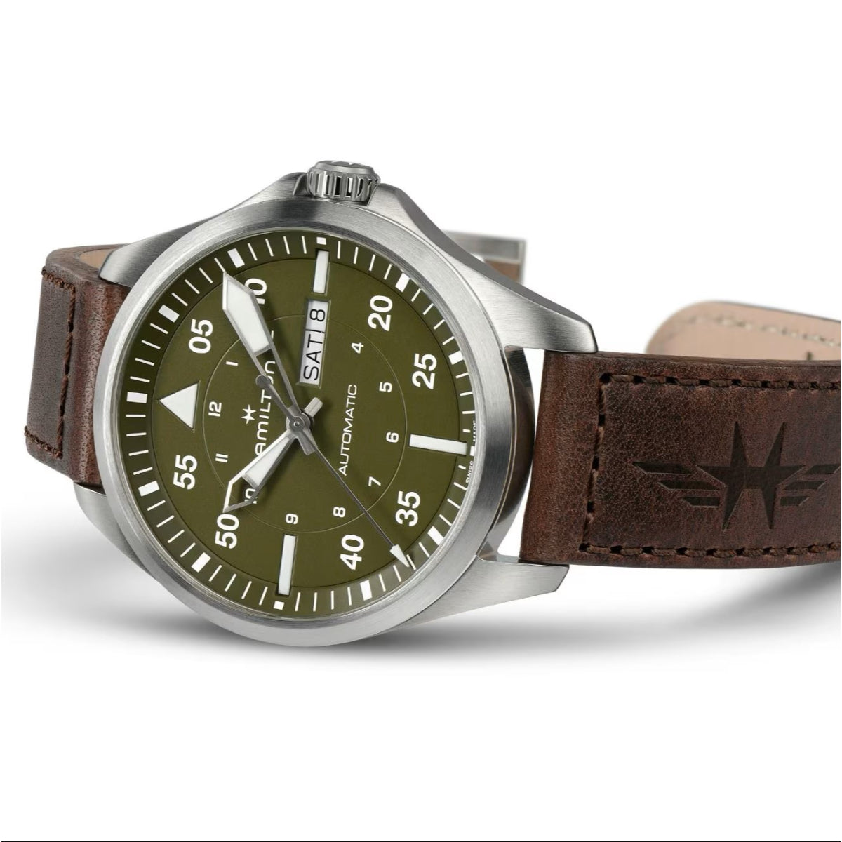 Hamilton H64635560 olive-green dial with day-date window at 3 o'clock and Arabic numerals close-up