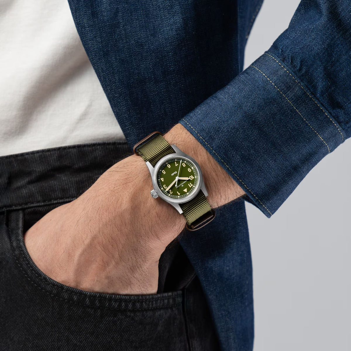 Hamilton Khaki Field 33mm quartz H69301960 green dial watch worn on wrist