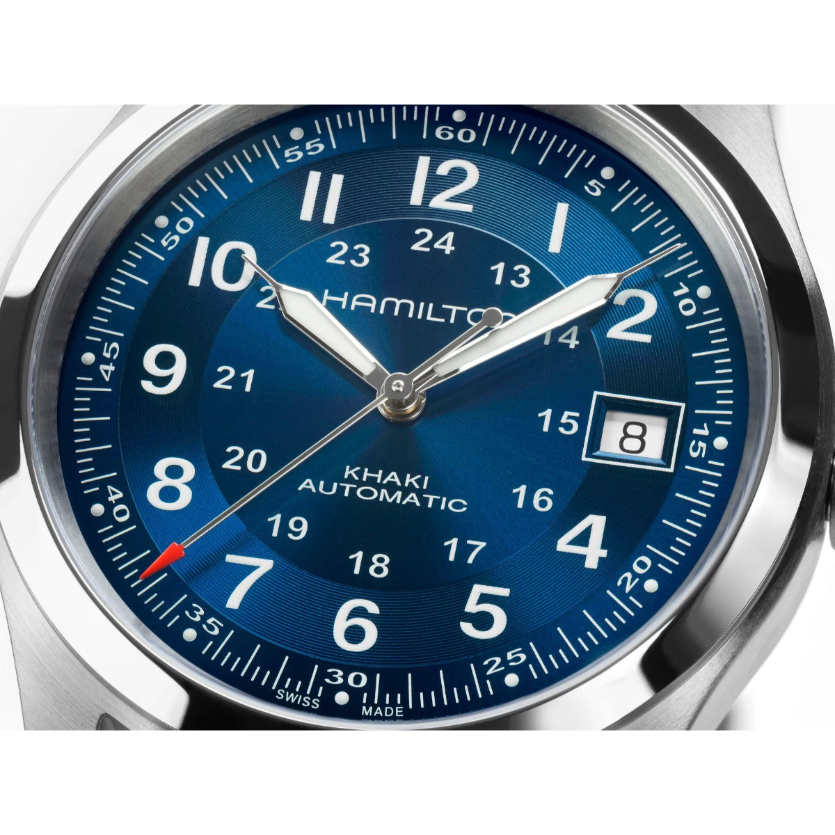 Hamilton Khaki Field H70455540 navy blue sunray dial with snailing hour ring close-up