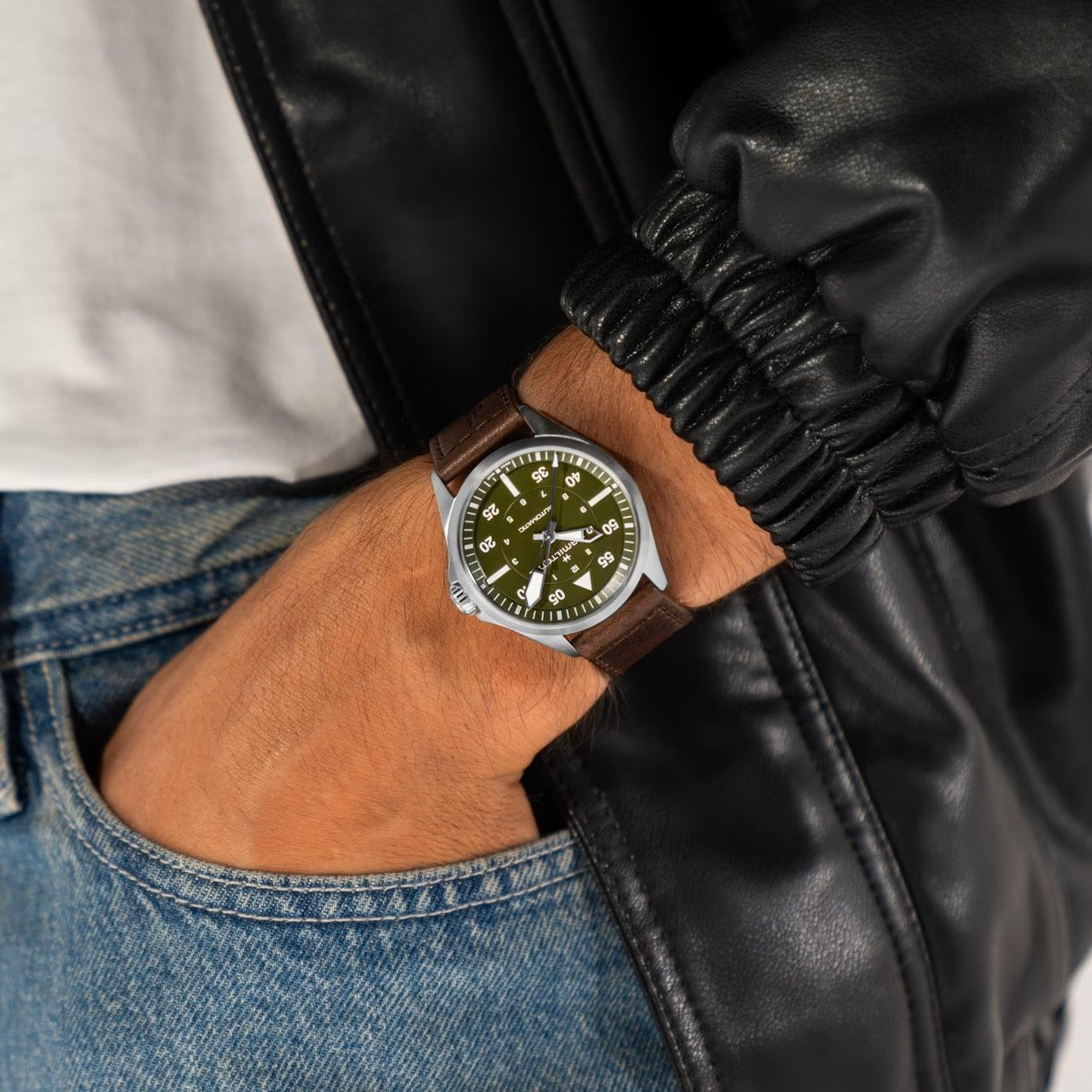 Hamilton Khaki Aviation Pilot 39mm Green Dial Leather watch on wrist H76305560