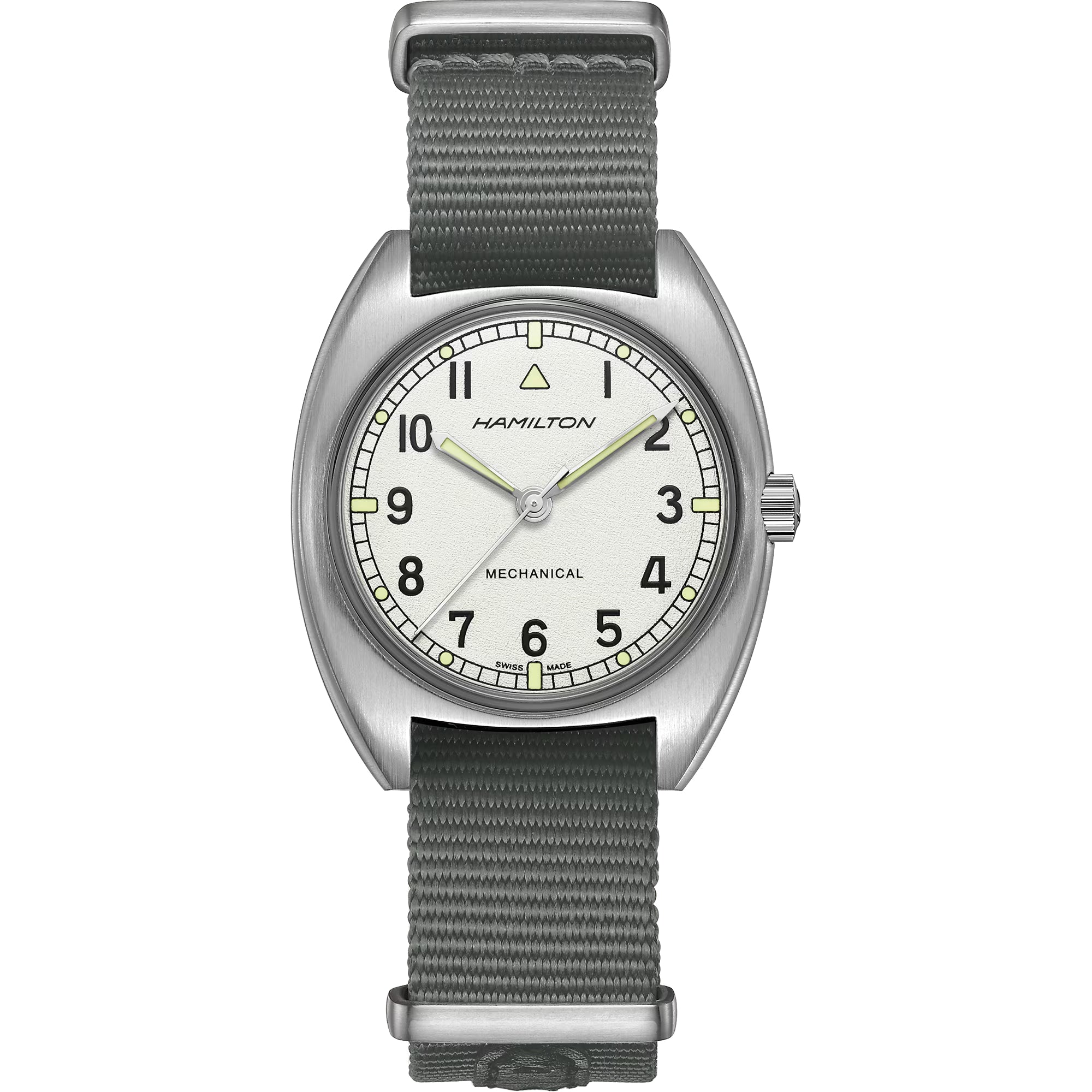 Hamilton Khaki Aviation 36mm Pilot Pioneer silver dial grey NATO mechanical watch H76419951 front view