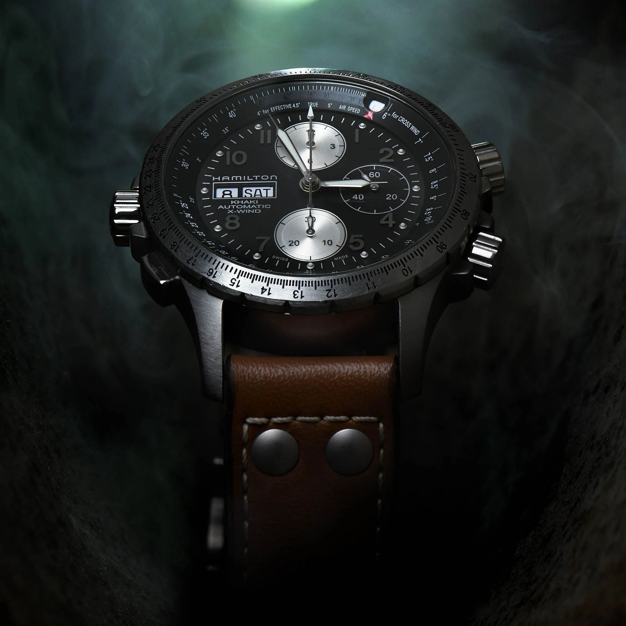 Hamilton Khaki Aviation X-Wind Automatic Chronograph Black Dial Brown Leather Strap Men's Watch H77616533 - WatchNation