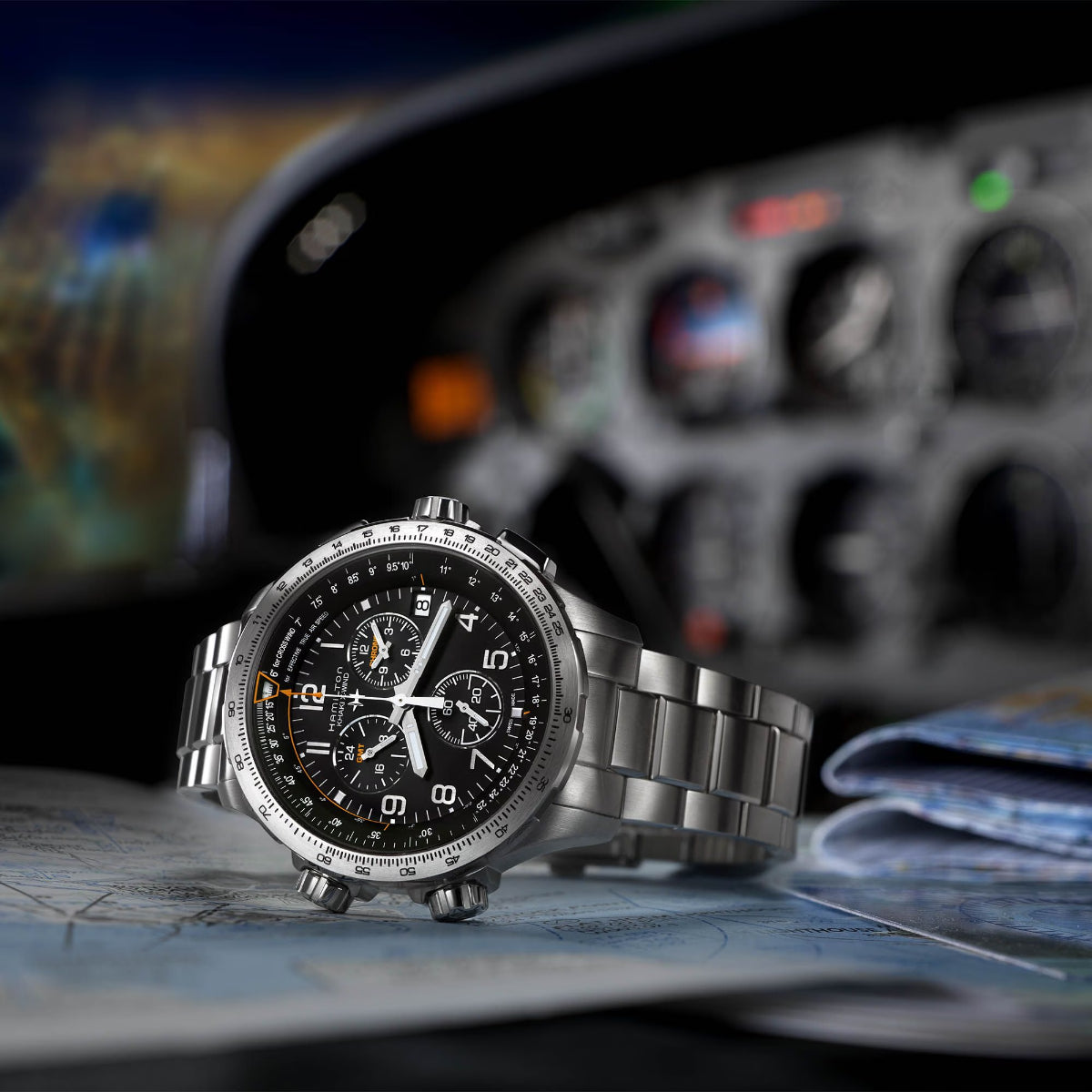Hamilton Khaki Aviation H77912135 black dial with GMT hand and chronograph sub-dials close-up